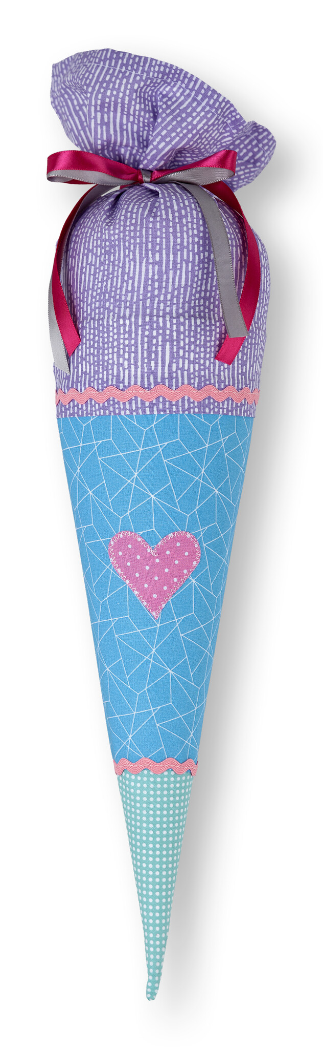 crêpes suzette Geschwisterschultüte aus Stoff in rosa und hellblau, handgenäht mit Herz – Varianten: mit Motiv und Namensbestickung