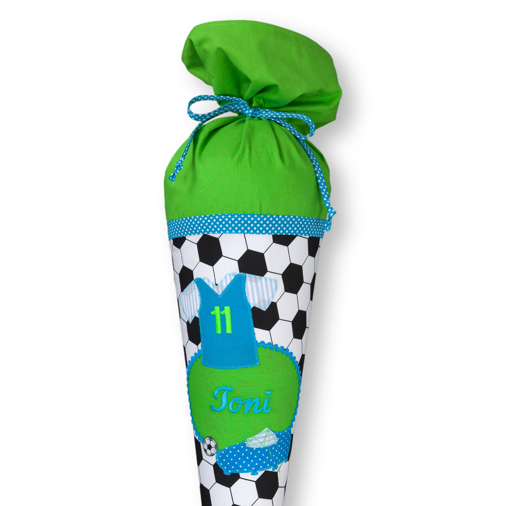crêpes suzette Schultüte aus Stoff, Fußball, Fussball  Farbe : Schwarz Weiß Grün Türkis – Variante: mit Wunschnamen