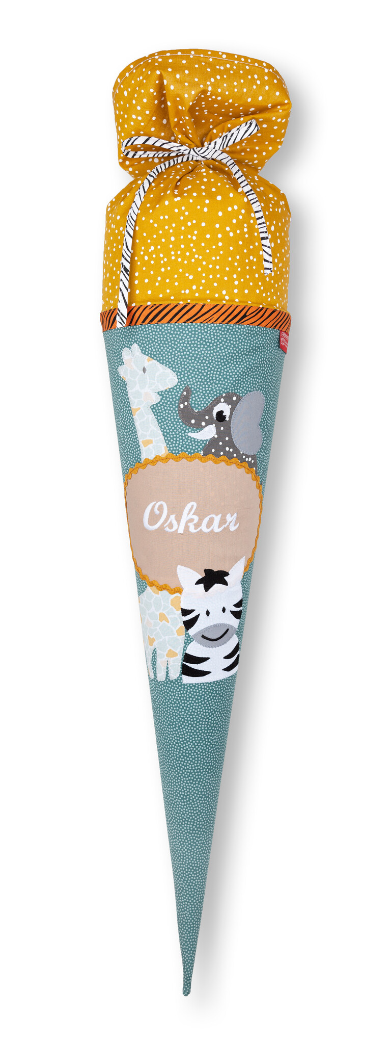crêpes suzette Schultüte aus Stoff mit Elefant, Zebra und Giraffe für eine unvergessliche Einschulung – Variante: mit Wunschnamen