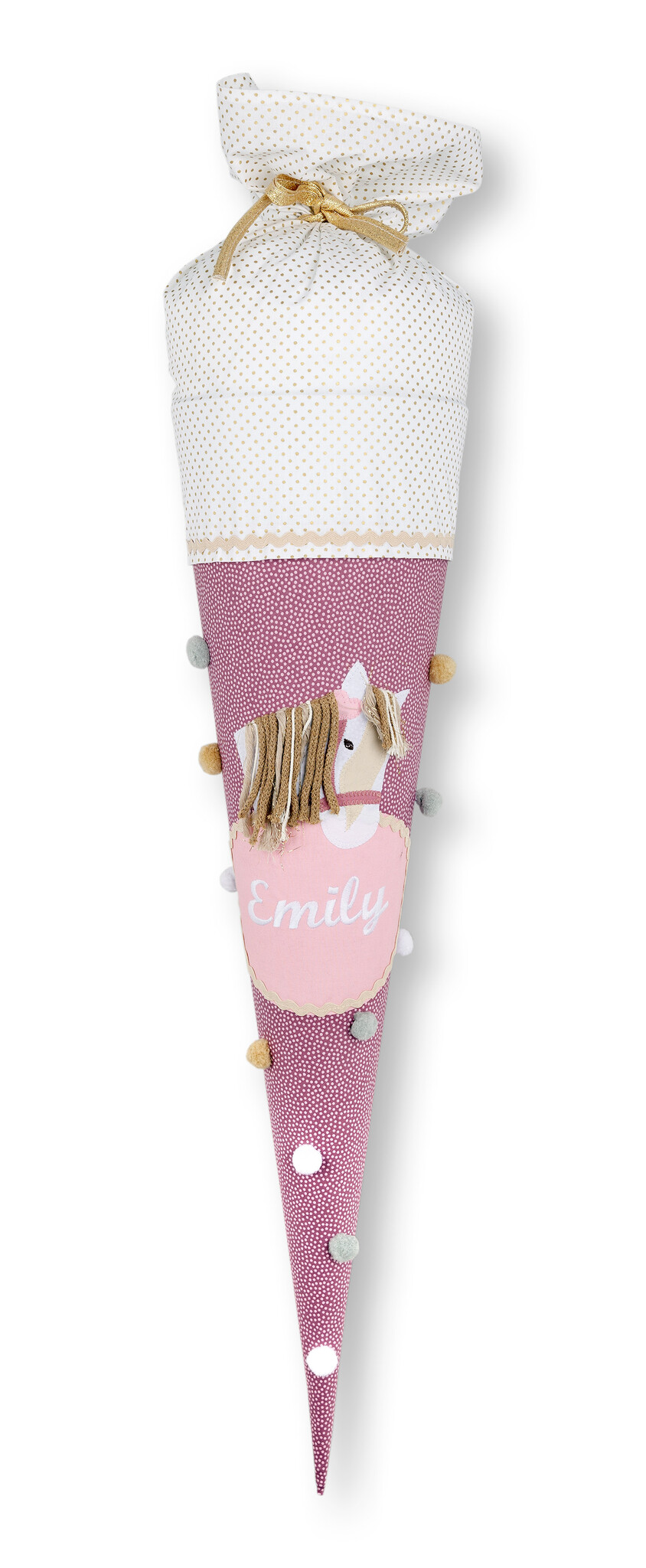 crêpes suzette Schultüte aus Stoff in Weiß, Gold und Altrosa mit Pferd, handgeflochtene Wollmähne – Variante: mit Wunschnamen