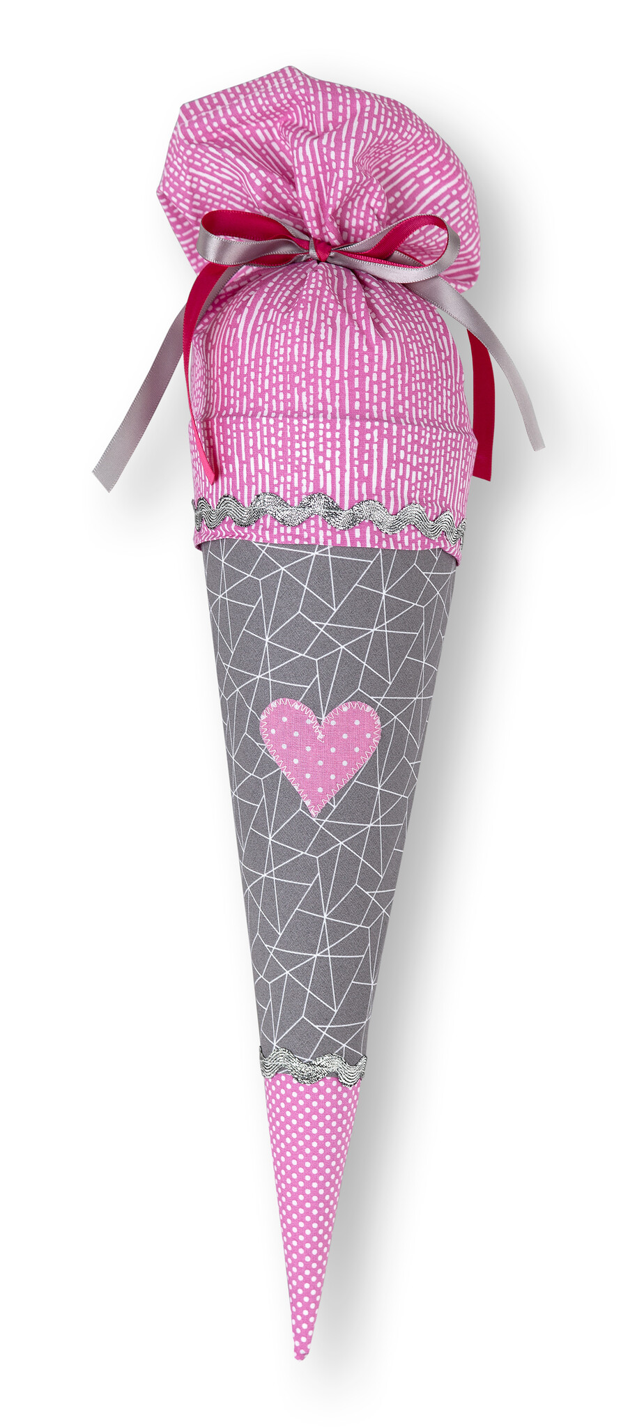 crêpes suzette Geschwisterschultüte aus Stoff in rosa und grau, handgenäht mit Herz – Varianten: mit Motiv und Namensbestickung