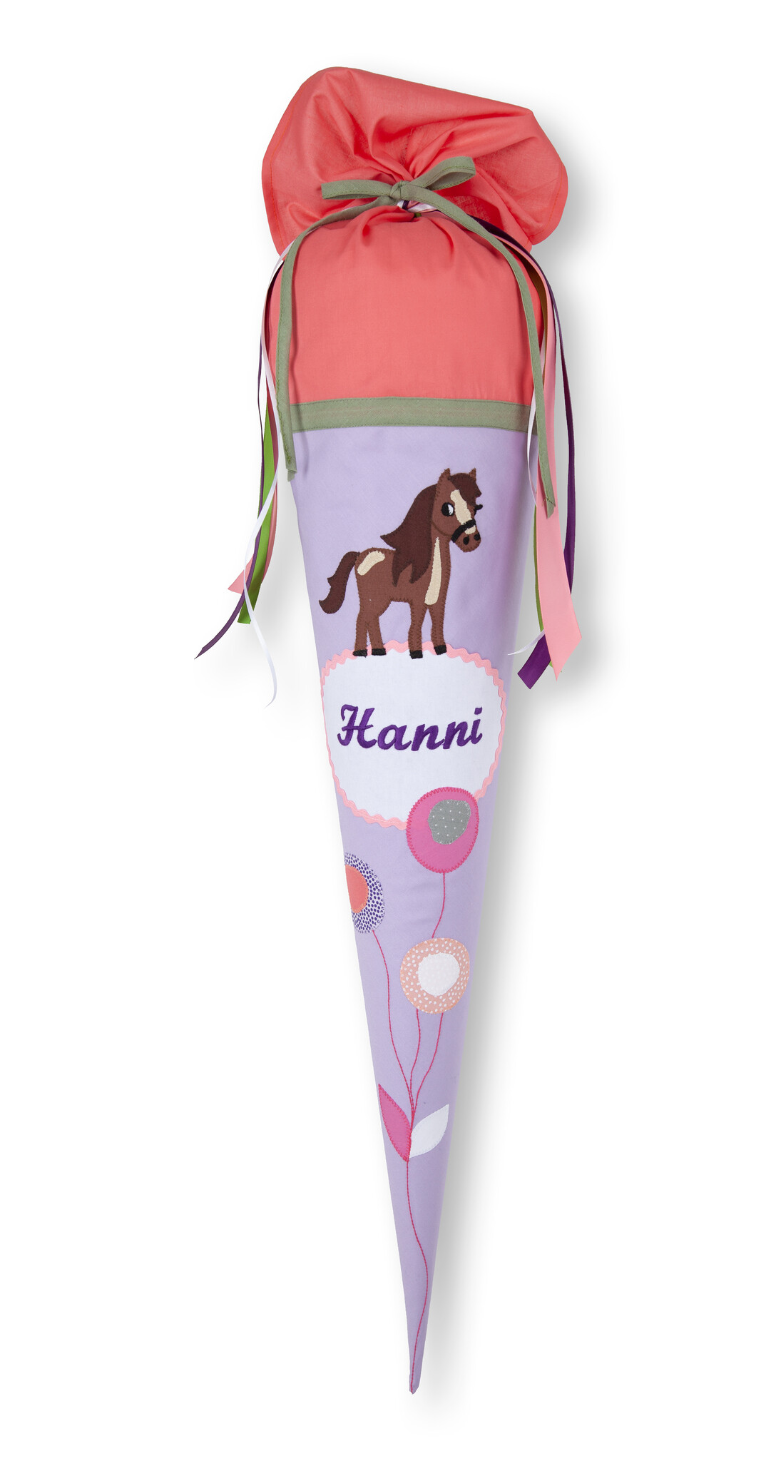 crêpes suzette Schultüte aus Stoff für einen unvergesslichen ersten Schultag in tollen frischen Farbtönen, bestickt mit Pferd und Deinem Wunschnamen – Variante: mit Wunschnamen