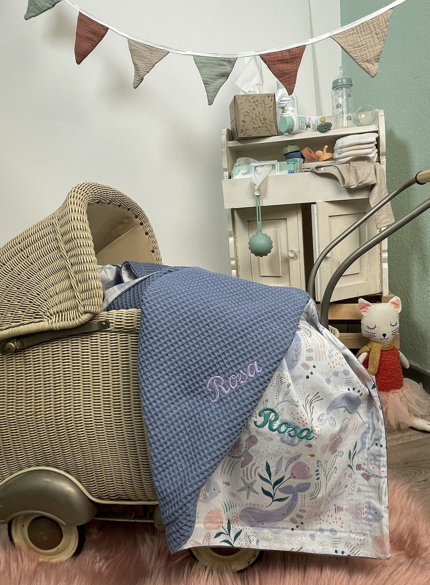 crêpes suzette Wende-Decke aus Baumwollstoff und Waffelpique – Maße: 50 x 70, Fütterung: ohne Fütterung