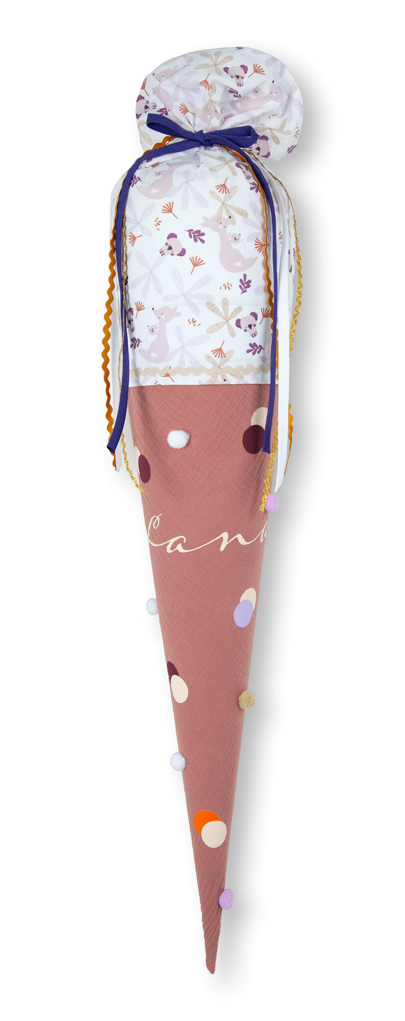 crêpes suzette Bommeltüte zum Schulstart genäht aus Musselin mit vielen tollen Bommeln – Variante: mit Wunschnamen