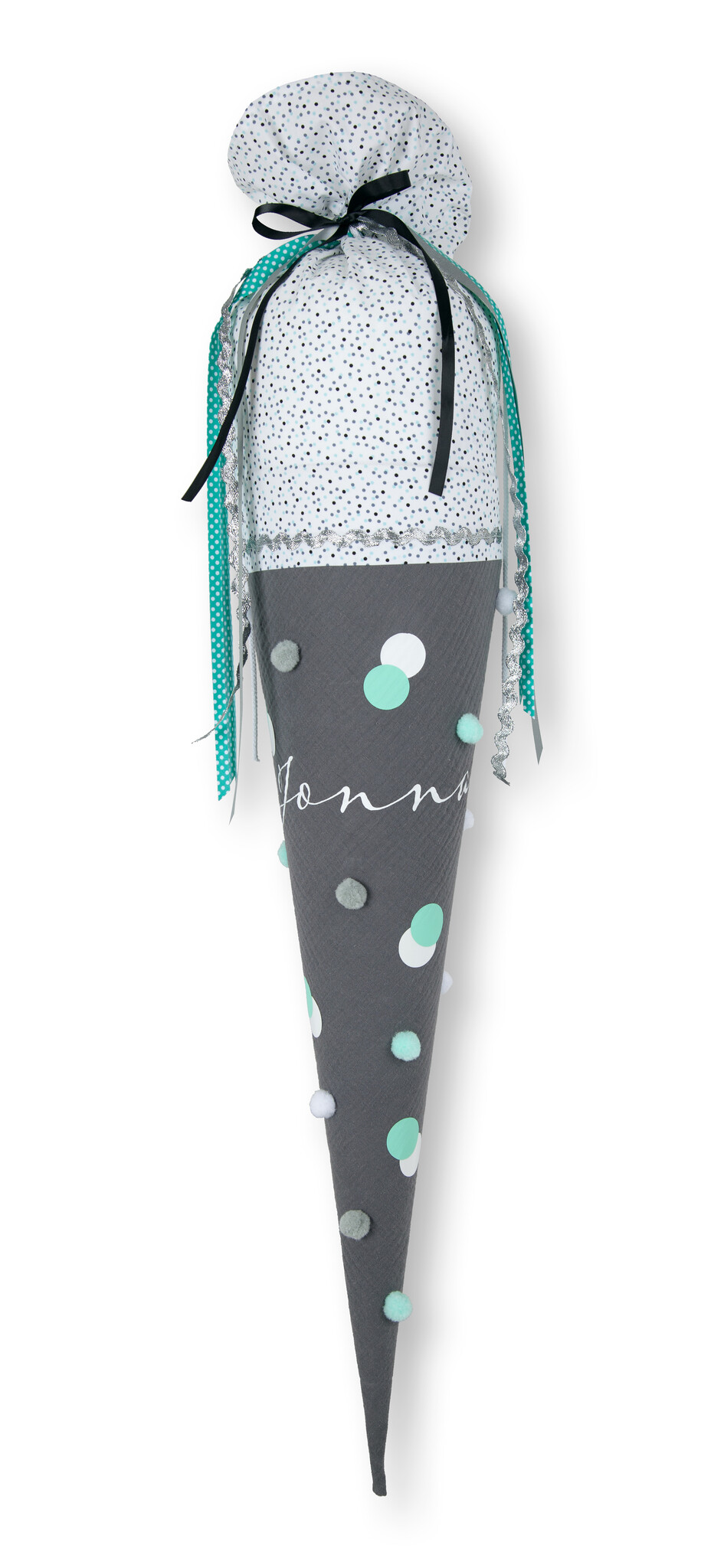 crêpes suzette Bommeltüte zum Schulstart genäht aus Musselin mit vielen tollen Bommeln – Variante: mit Wunschnamen