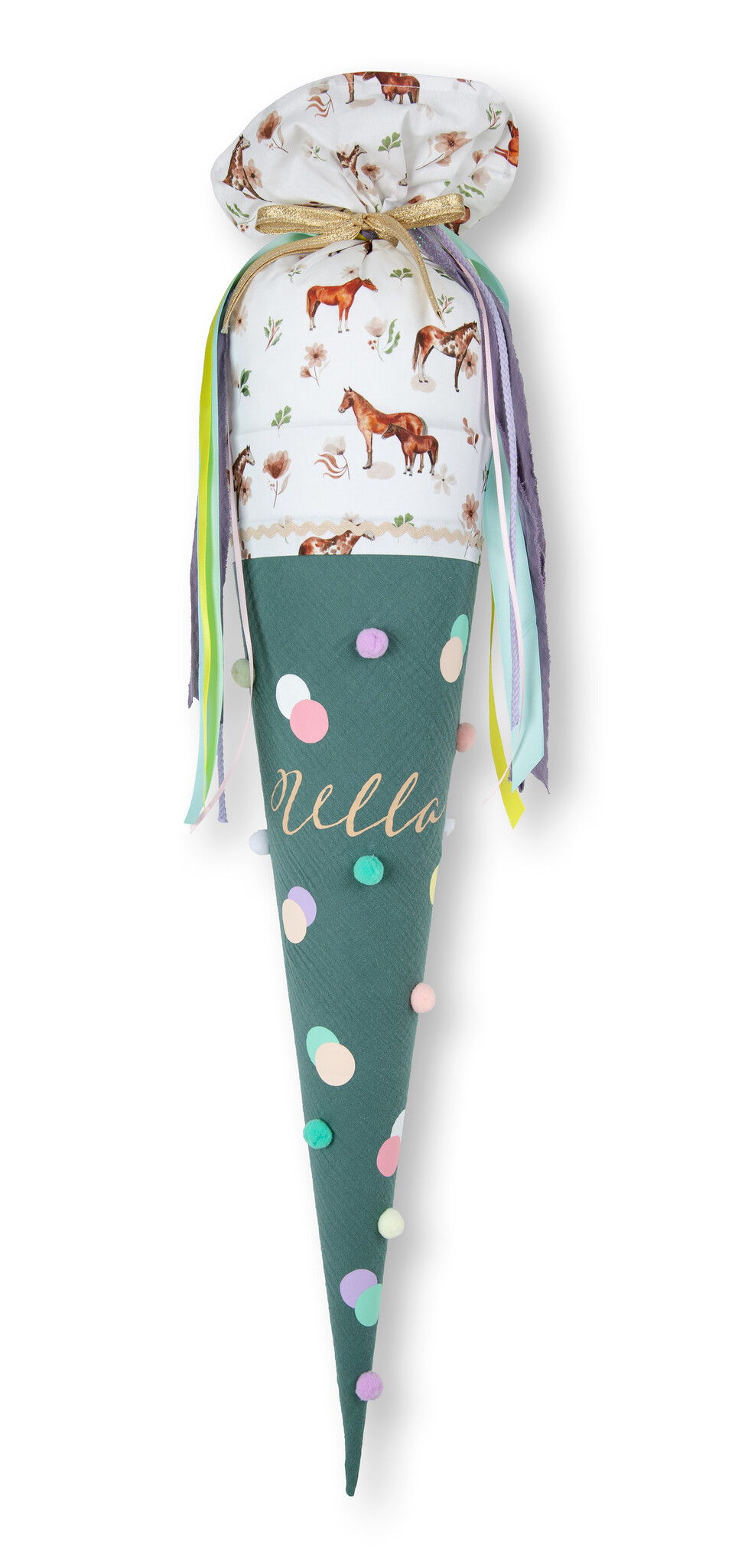 crêpes suzette Bommeltüte zum Schulstart genäht aus Musselin mit vielen tollen Bommeln – Variante: mit Wunschnamen