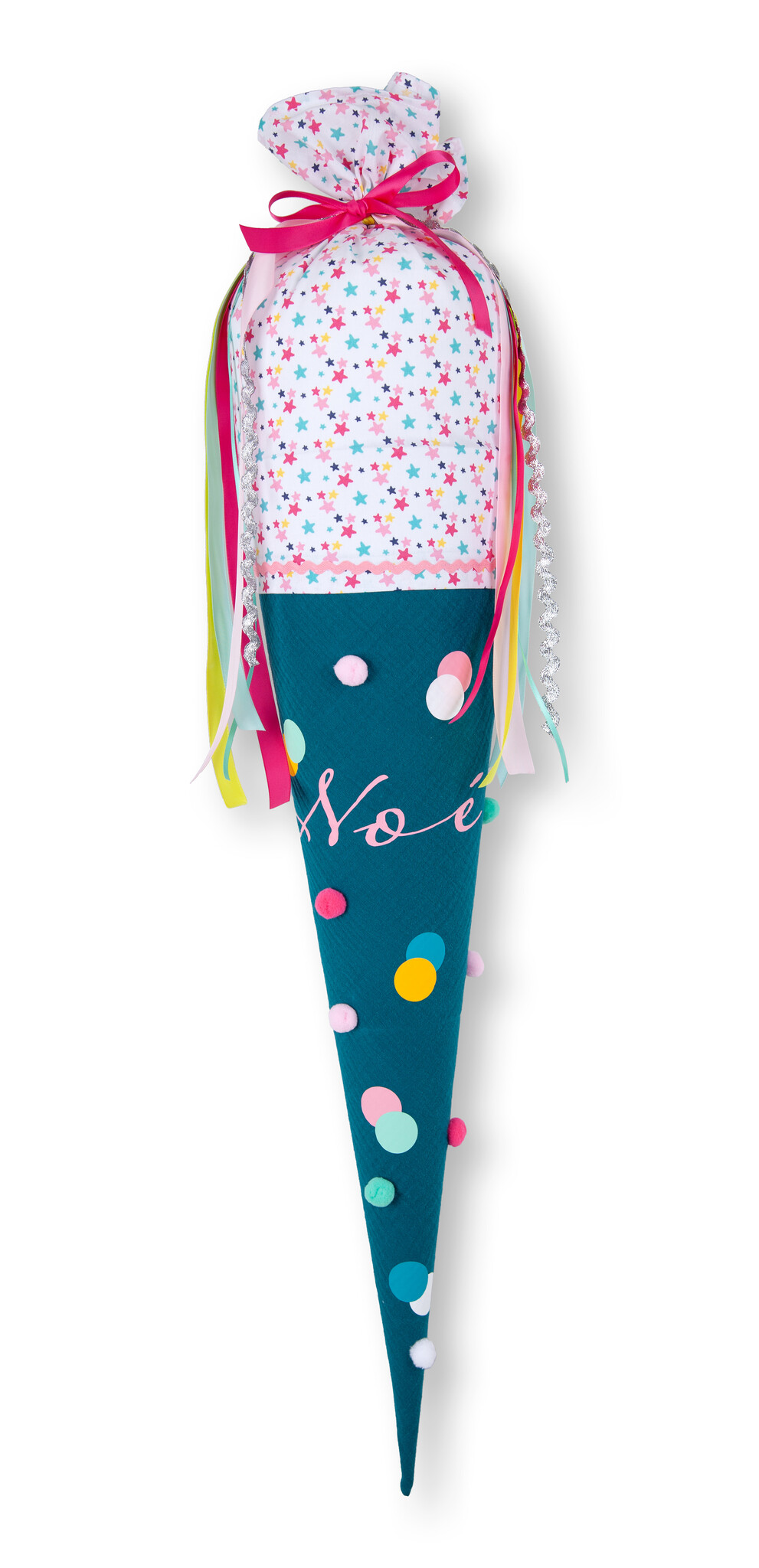 crêpes suzette Bommeltüte zum Schulstart genäht aus Musselin mit vielen tollen Bommeln – Variante: mit Wunschnamen