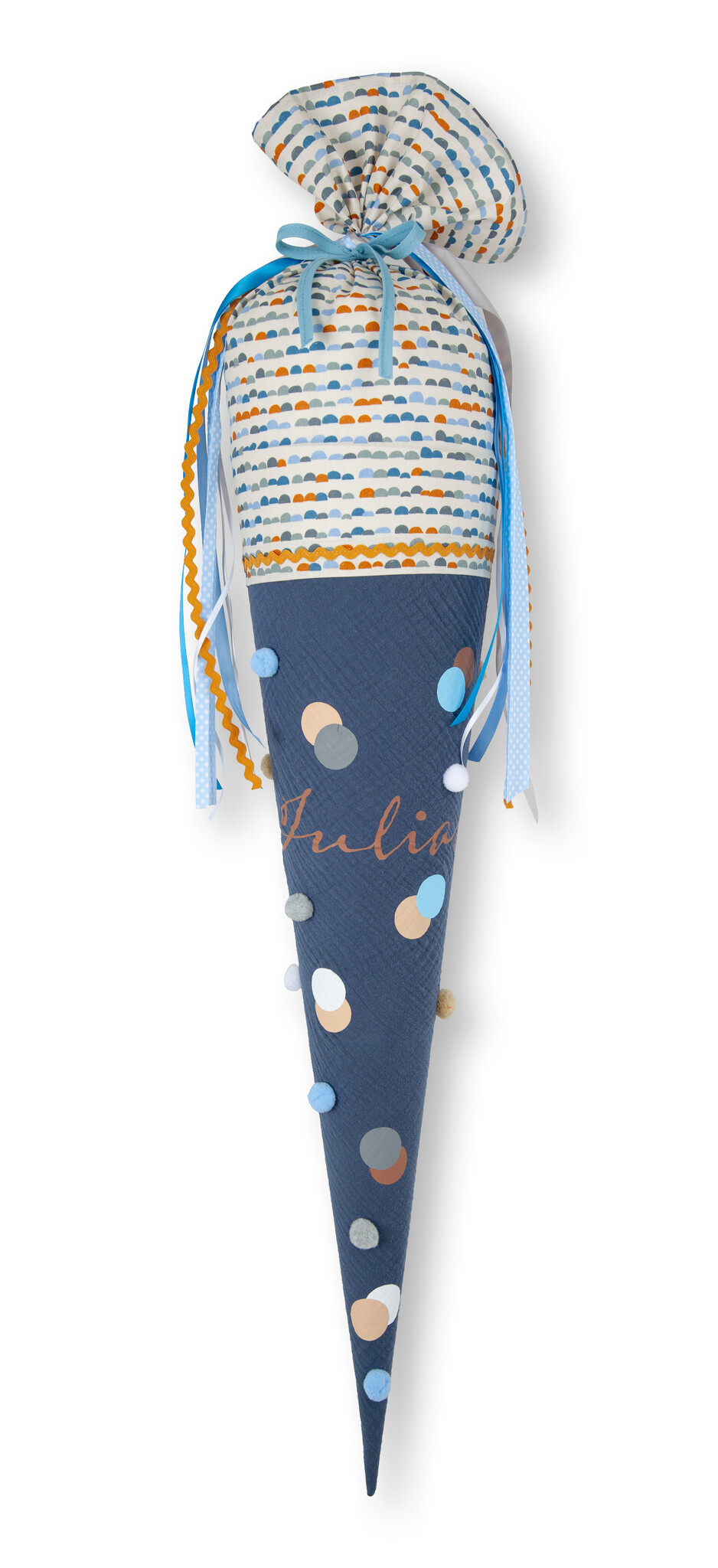 crêpes suzette Bommeltüte zum Schulstart genäht aus Musselin mit vielen tollen Bommeln – Variante: mit Wunschnamen