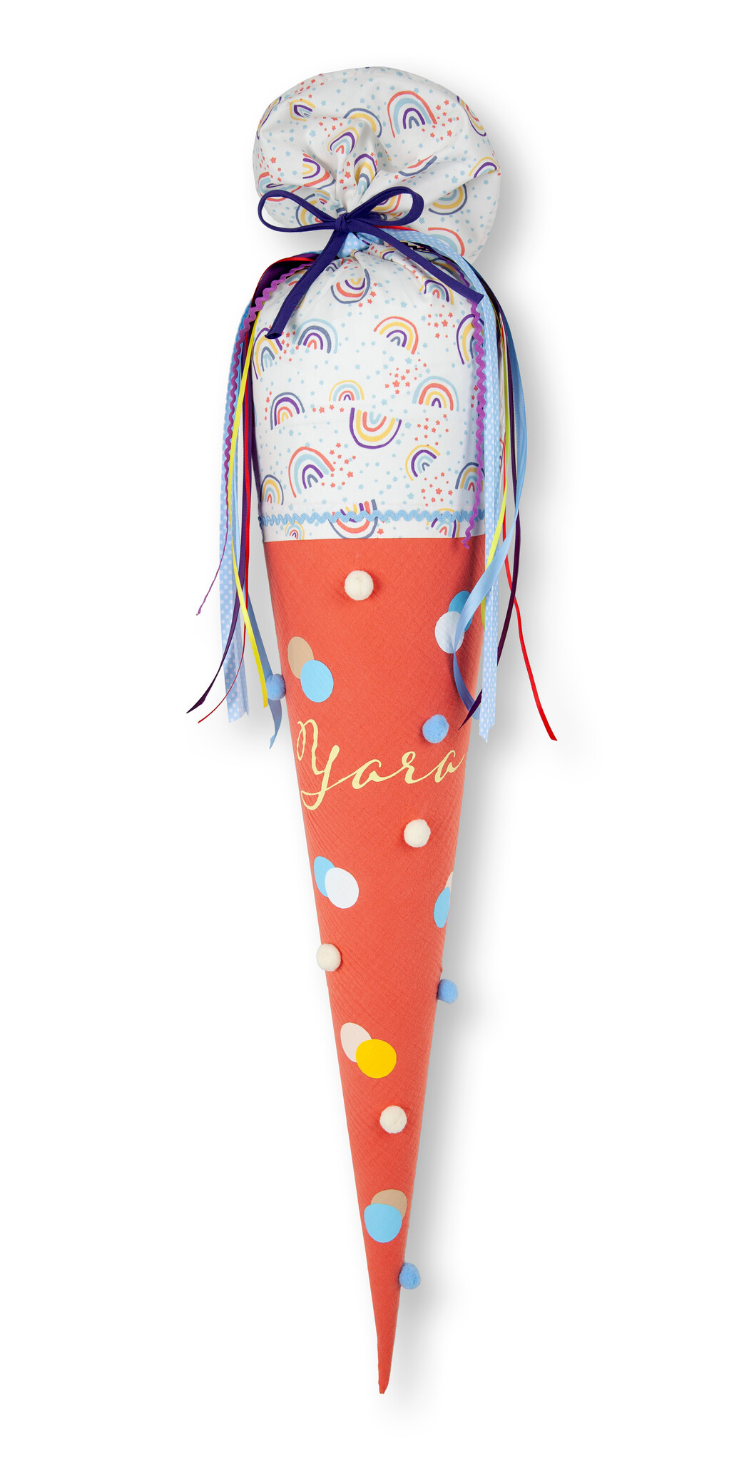 crêpes suzette Bommeltüte zum Schulstart genäht aus Musselin mit vielen tollen Bommeln – Variante: mit Wunschnamen