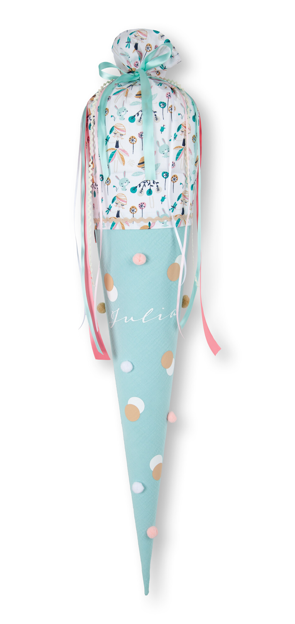 crêpes suzette Bommeltüte zum Schulstart genäht aus Musselin mit vielen tollen Bommeln – Variante: mit Wunschnamen