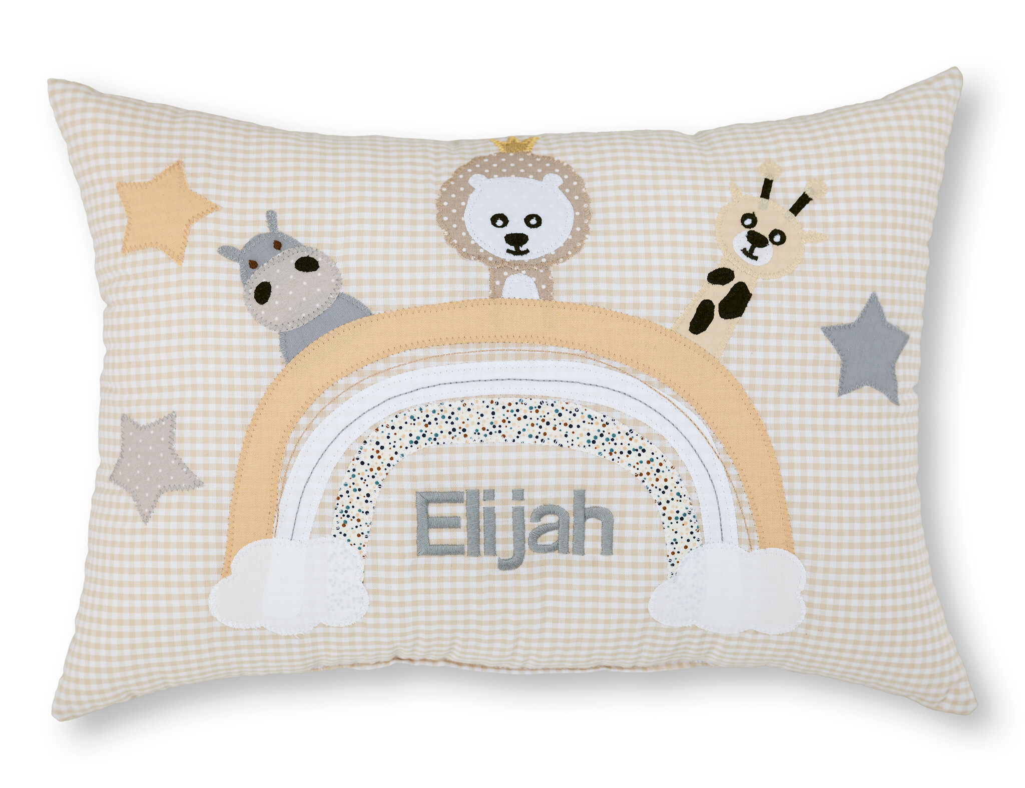 crêpes suzette Namenskissen als Geschenk zur Geburt in Beige mit niedlichen Tieren auf dem Regenbogen