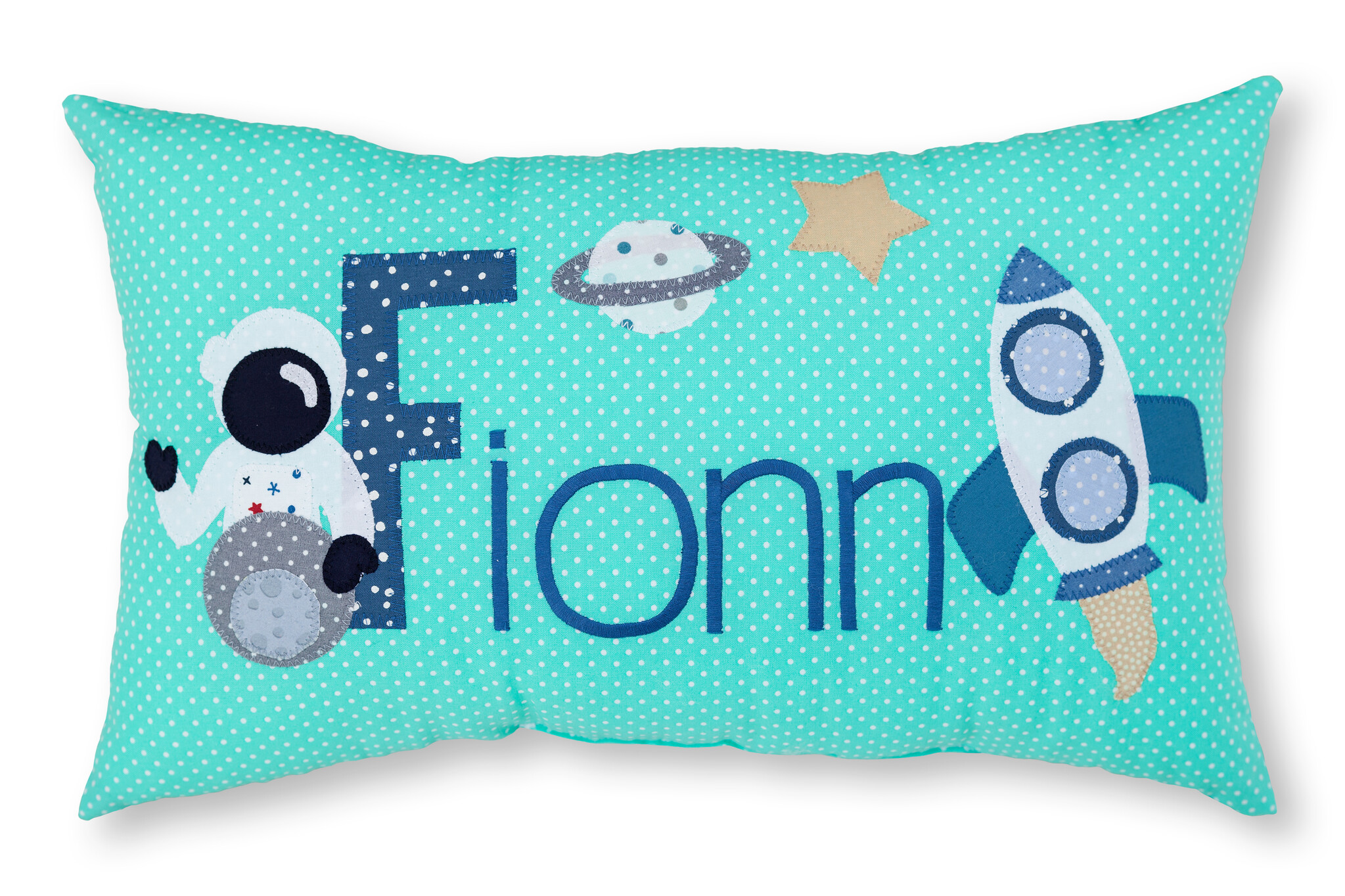 crêpes suzette Namenskissen als Geburtsgeschenk mit Astronaut und Rakete für Spacefans