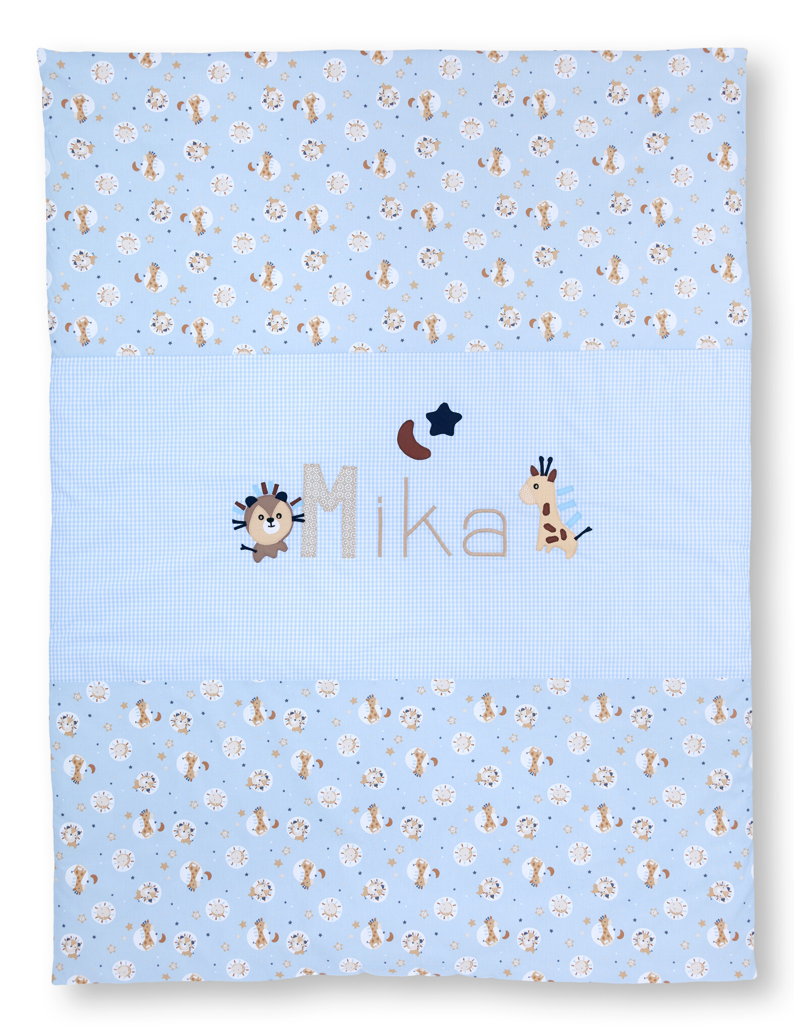 crêpes suzette Krabbeldecke mit Namen als Geschenk zur Taufe, Giraffe und Löwe – Größe: 70cm x 90cm