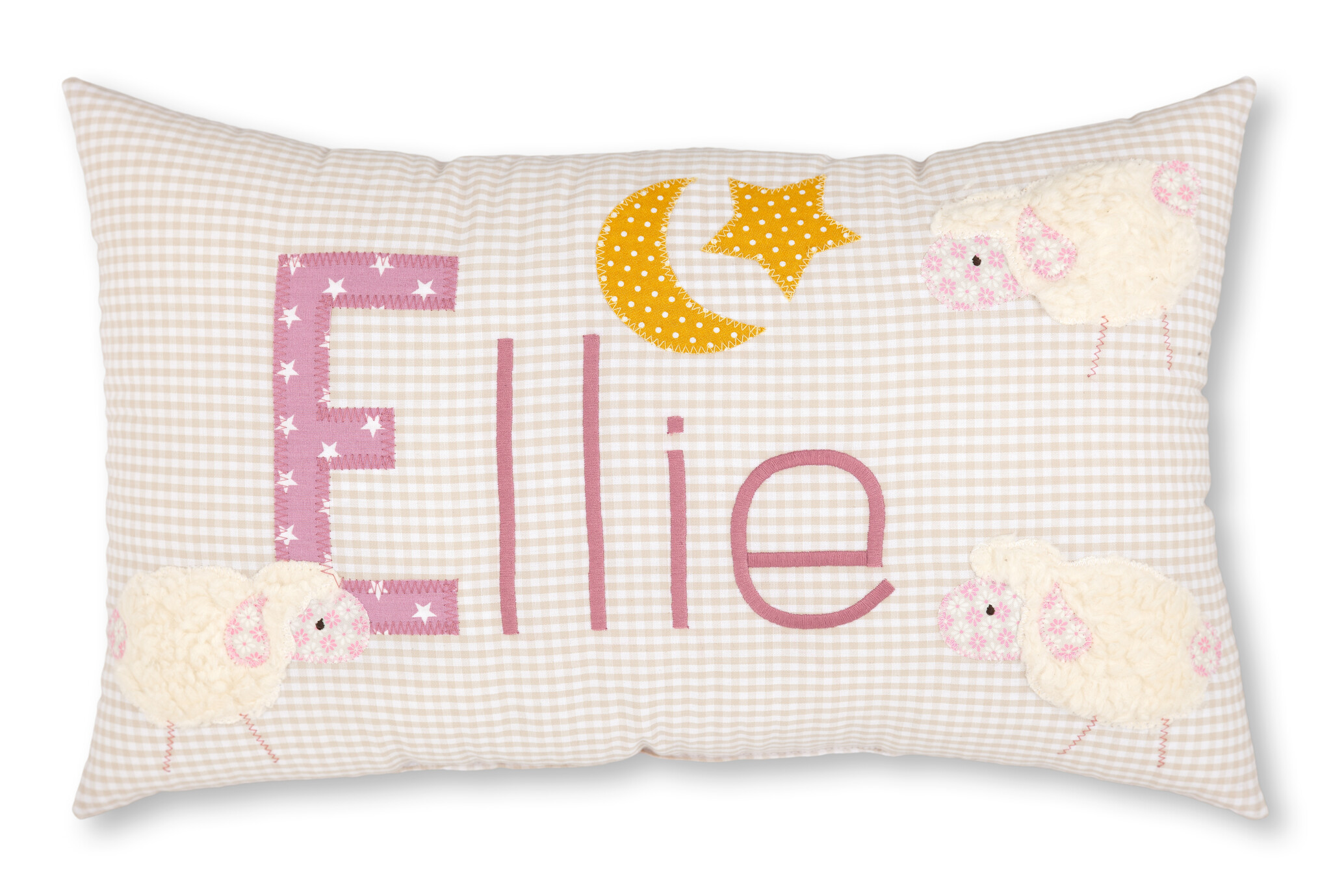 crêpes suzette Namenskissen mit Schafen aus Teddyplüsch, Farbe: Beige