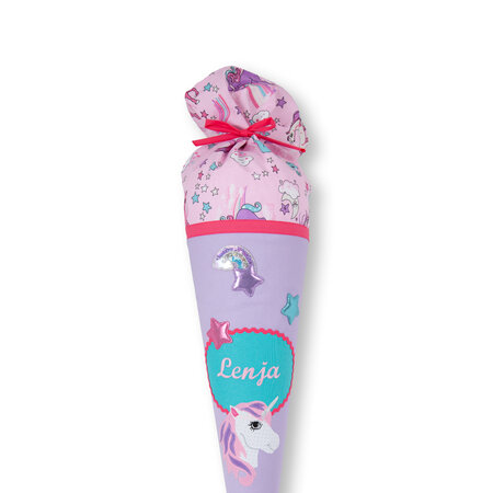 crêpes suzette Schultüte aus Stoff mit Einhorn und Glitzerregenbogen