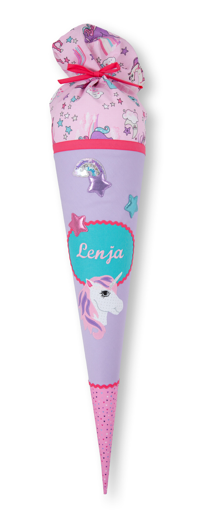 crêpes suzette Schultüte aus Stoff für einen unvergesslichen ersten Schultag in tollen frischen Farbtönen, bestickt mit Einhorn und Deinem Wunschnamen  - Copy – Variante: mit Wunschnamen