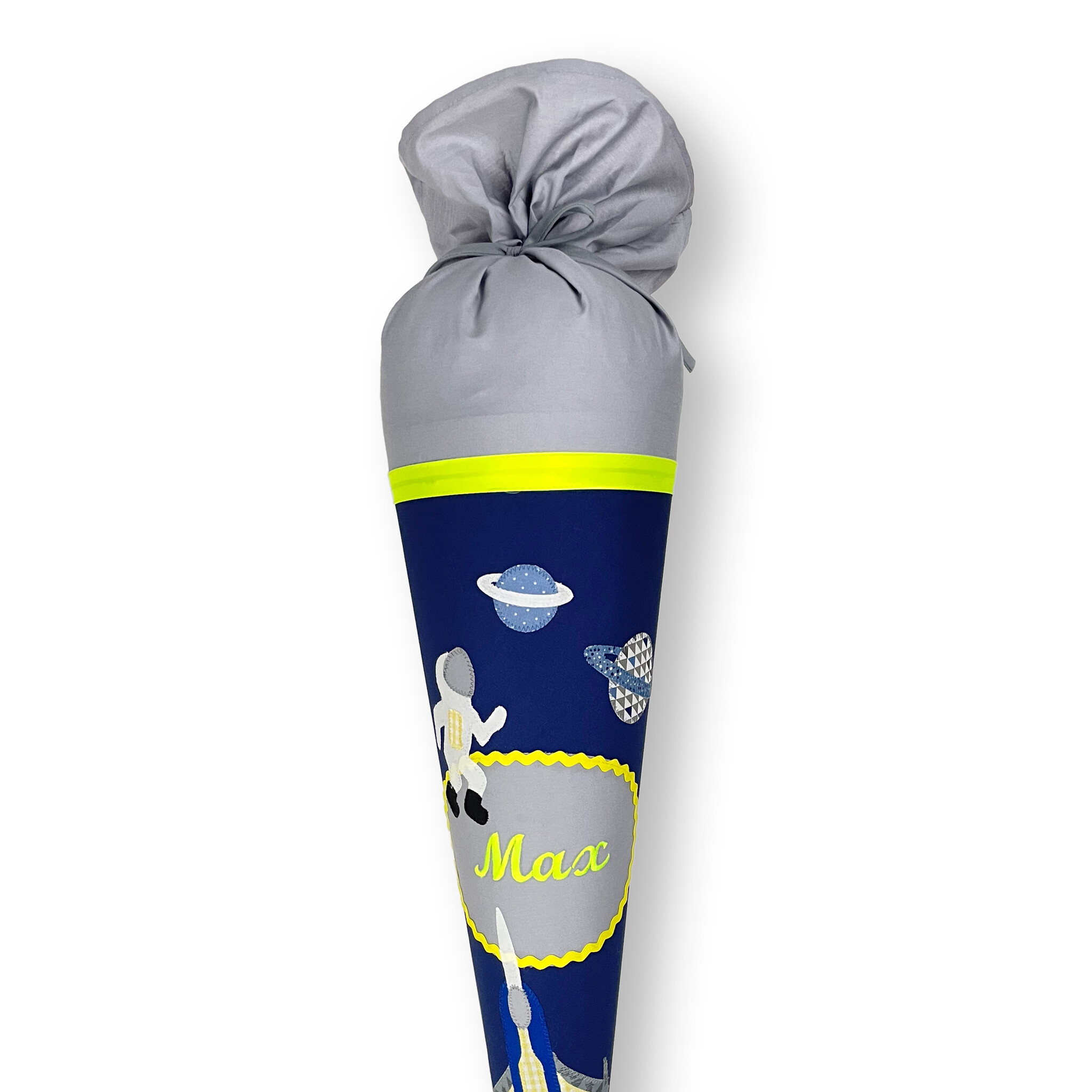 crêpes suzette Schultüte aus Stoff, Space, Astronaut, Planet, Farbe: Dunkelblau Grau Neongelb – Variante: mit Wunschnamen