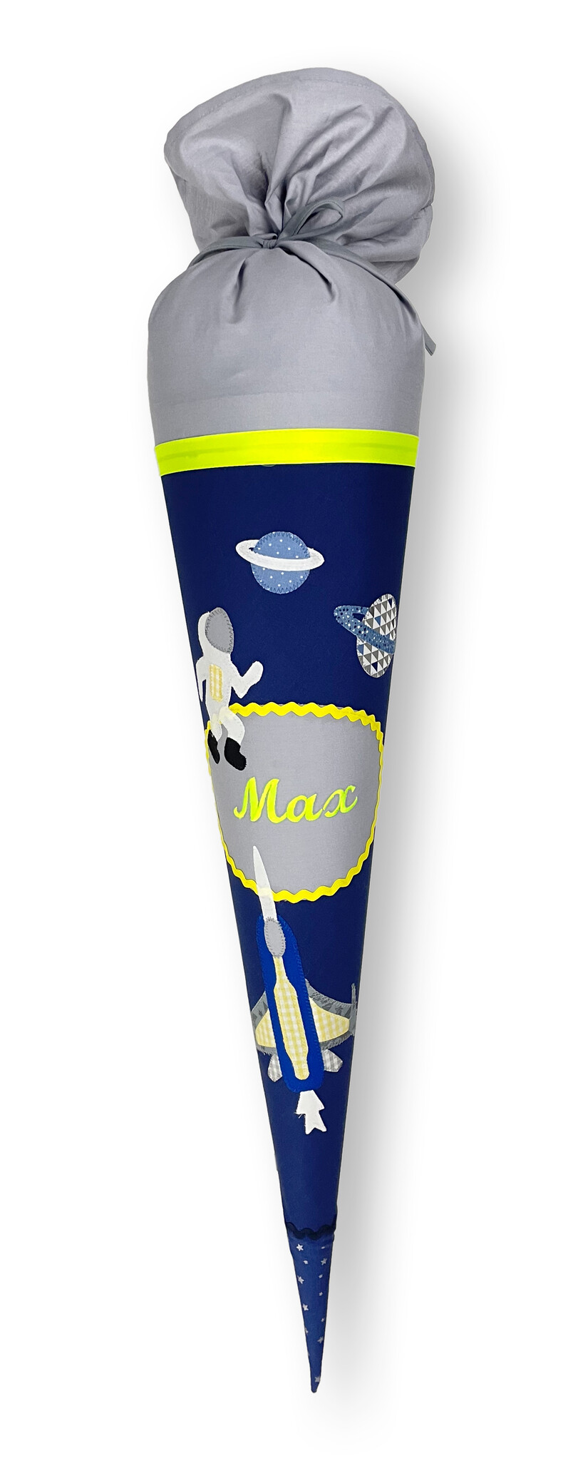 crêpes suzette Schultüte aus Stoff, Space, Astronaut, Planet, Farbe: Dunkelblau Grau Neongelb – Variante: mit Wunschnamen