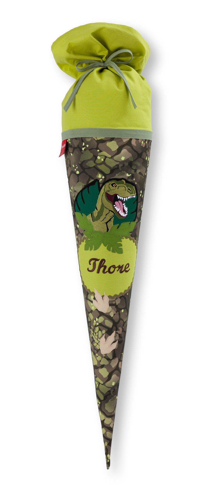 crêpes suzette Stoffschultüte Dinosaurier in Grün I  bestickt mit Wunschnamen – Variante: mit Wunschnamen