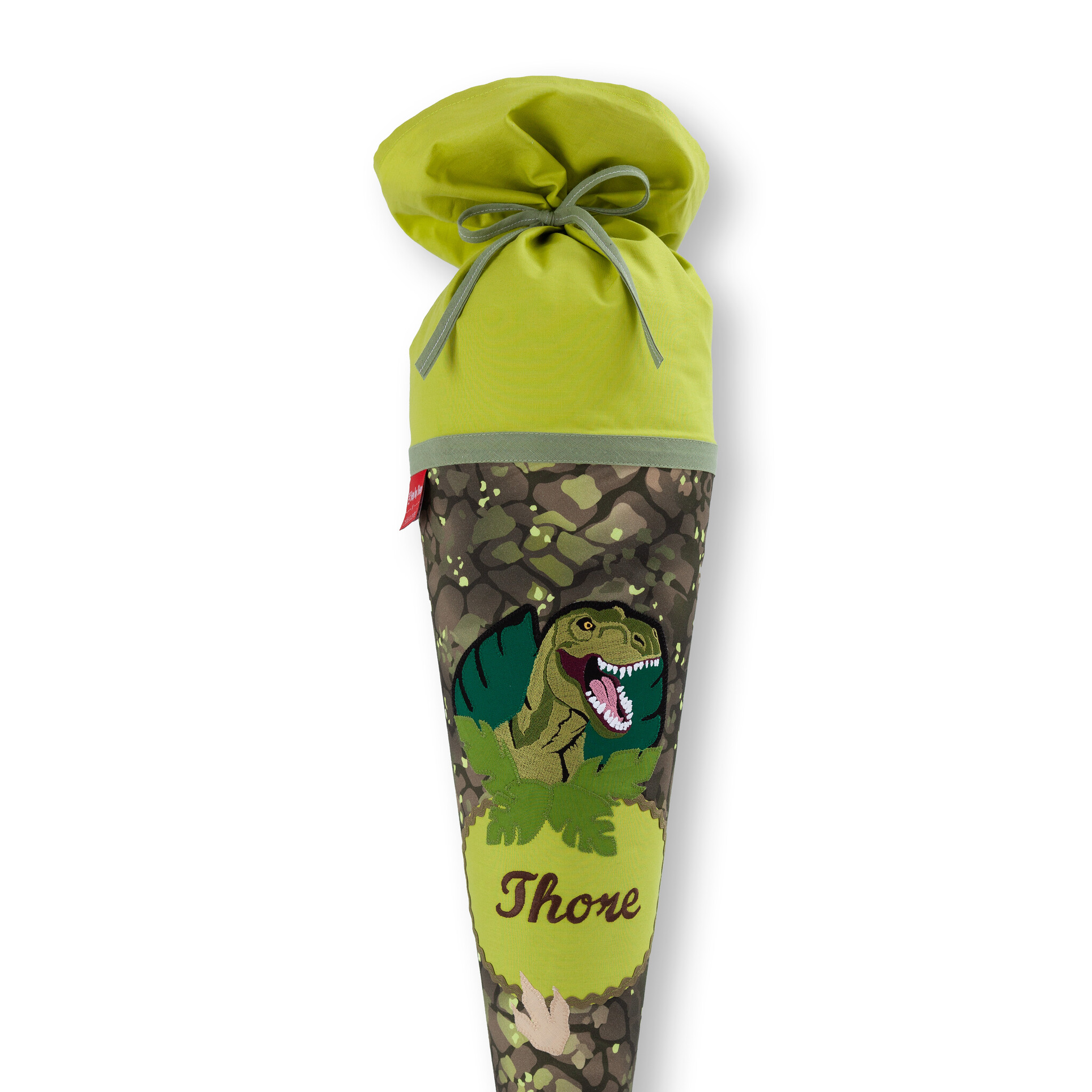 crêpes suzette Stoffschultüte Dinosaurier in Grün I  bestickt mit Wunschnamen – Variante: mit Wunschnamen