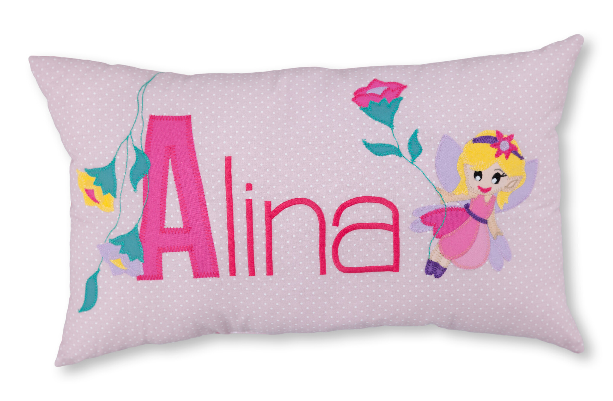 crêpes suzette Kissen mit Namen als einzigartiges Geschenk zur Geburt in zartem Rosa , mit Fee und Blumen