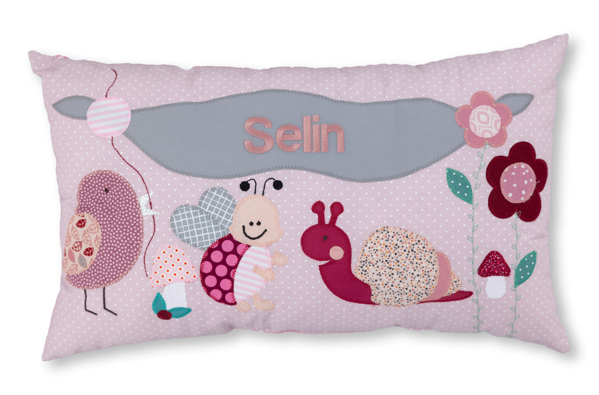 Namenskissen als Taufgeschenk I Marienkäfer, Schnecke und Vogel I  Personalisiert I Liebevolle Handarbeit