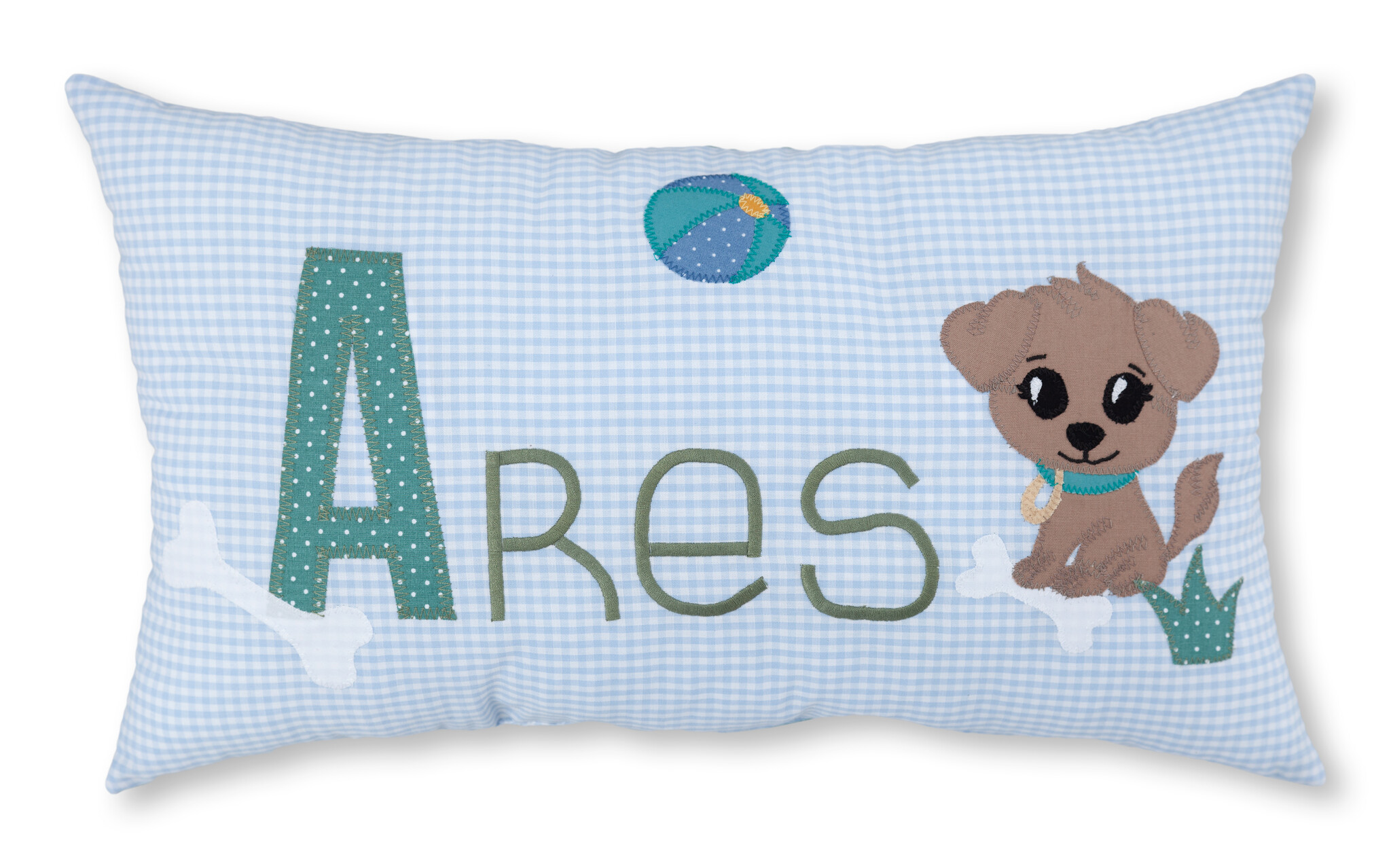 crêpes suzette Namenskissen Taufgeschenk mit Hund I Personalisiert I Farbe: Hellblau kariert