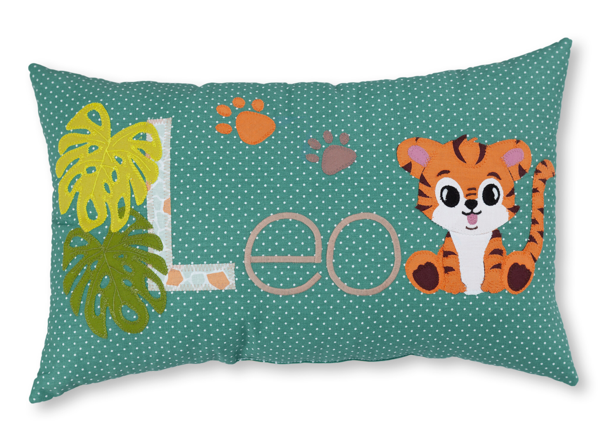 crêpes suzette Namenskissen Baby - Tiger I  in zartem Pudergrün mit Wunschnamen bestickt I Afrikatiere