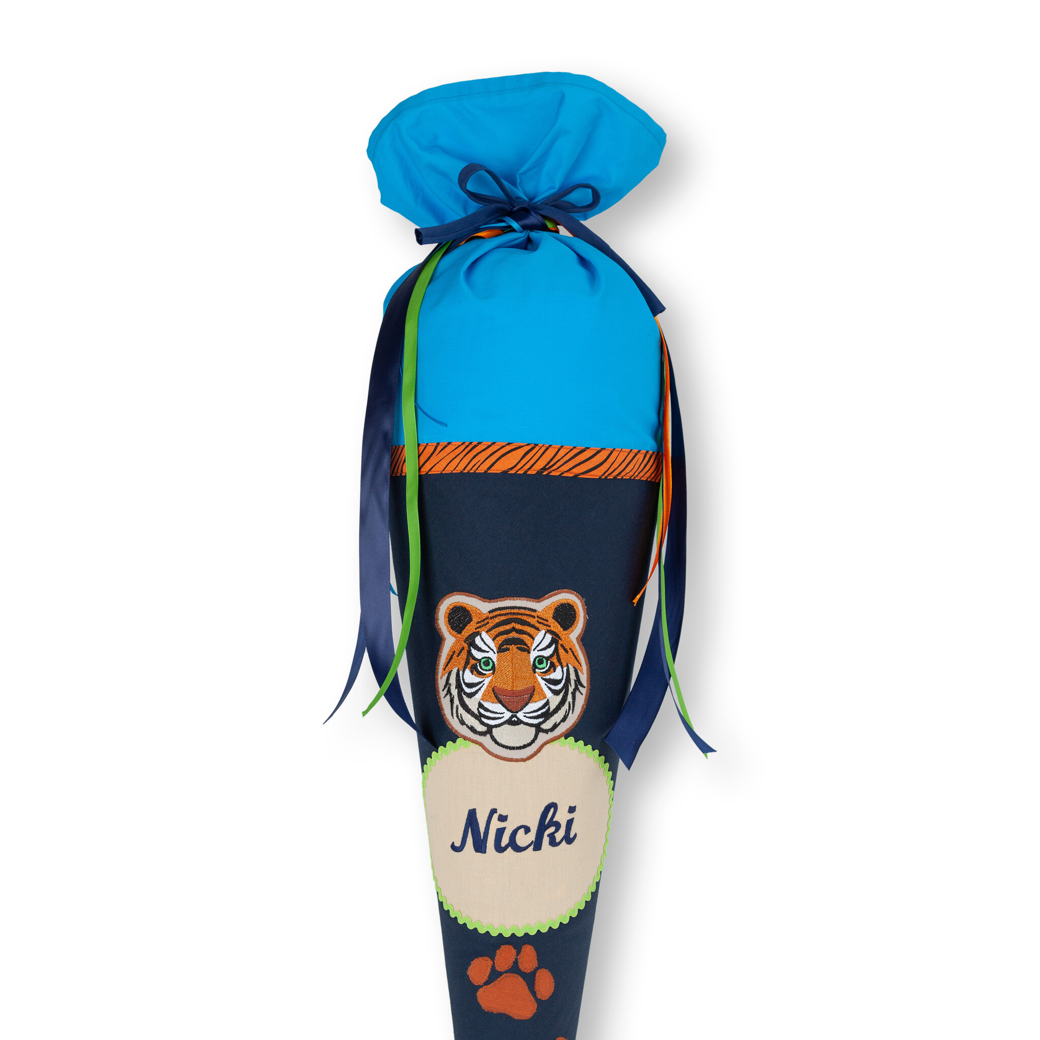crêpes suzette Schultüte aus Stoff | tolle Stoffschultüte für den ersten Schultag | Motiv : TIger | Farben Blau Türkis – Variante: mit Wunschnamen