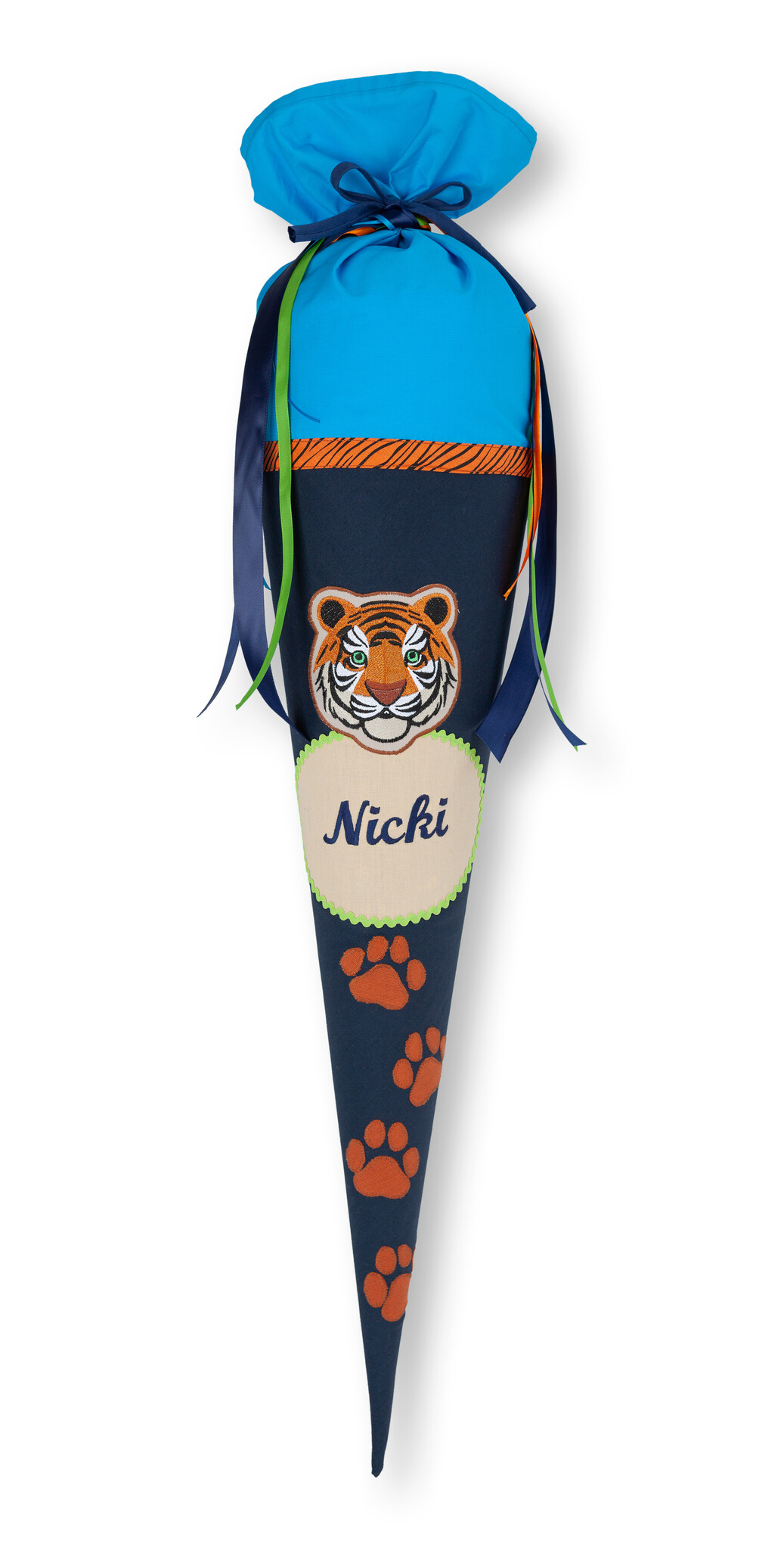 crêpes suzette Schultüte aus Stoff | tolle Stoffschultüte für den ersten Schultag | Motiv : TIger | Farben Blau Türkis – Variante: mit Wunschnamen