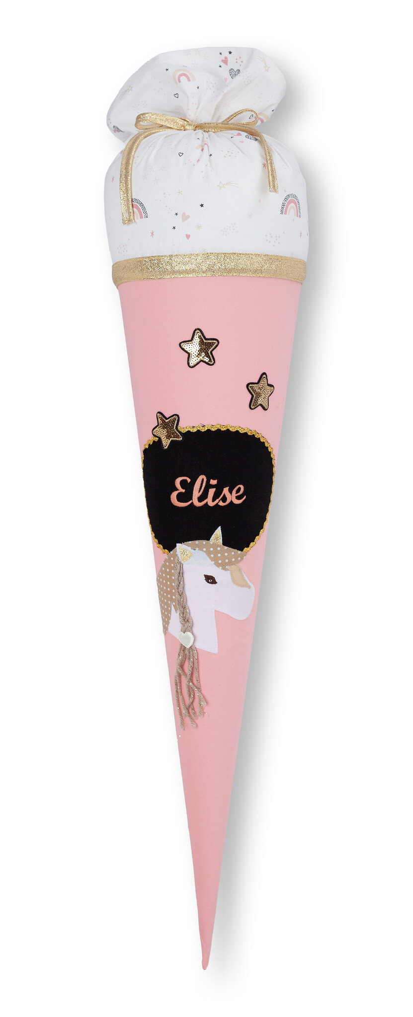 crêpes suzette Schultüte aus Stoff Pferd für Mädchen |  Wandelbar zum Kuschelkissen |  Verziert mit funkelnden Glitzersternen | Für einen unvergesslichen 1.Schultag – Variante: mit Wunschnamen