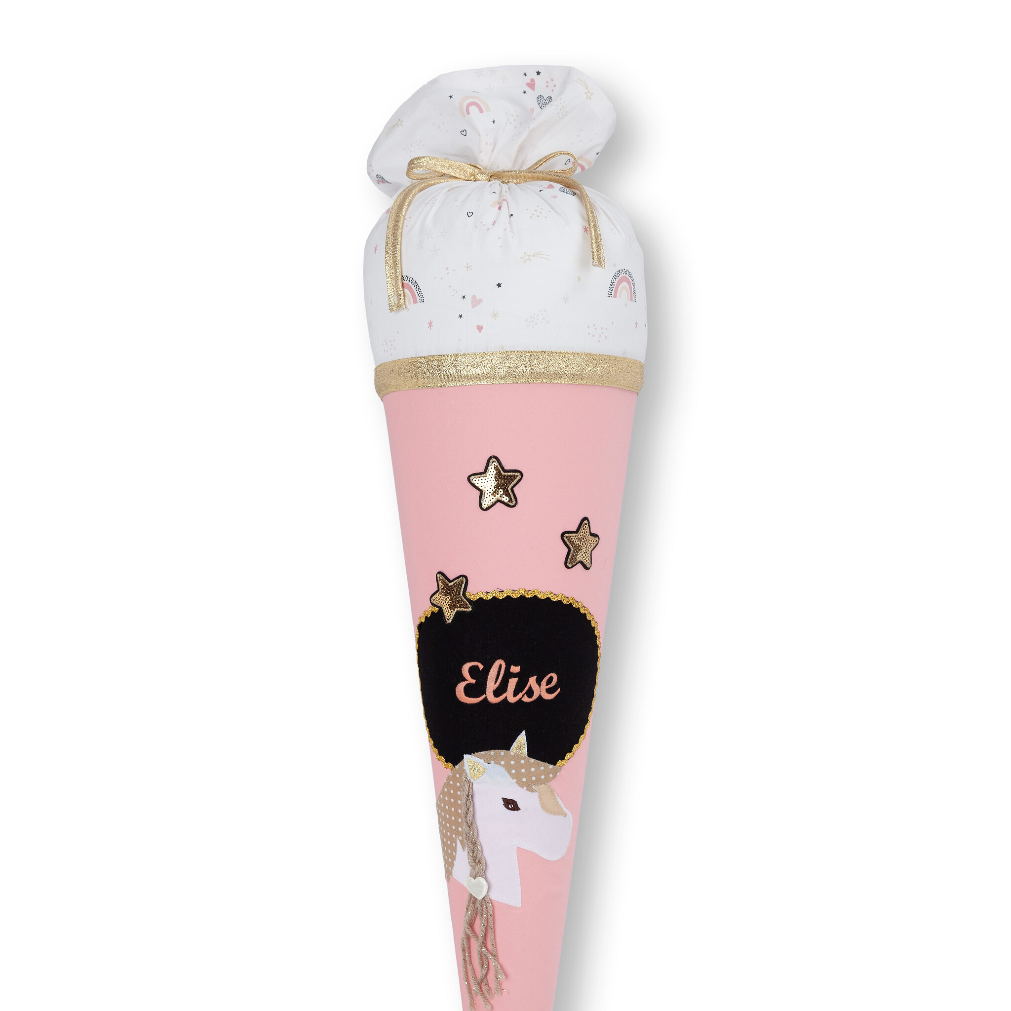 crêpes suzette Schultüte aus Stoff Pferd für Mädchen |  Wandelbar zum Kuschelkissen |  Verziert mit funkelnden Glitzersternen | Für einen unvergesslichen 1.Schultag – Variante: mit Wunschnamen