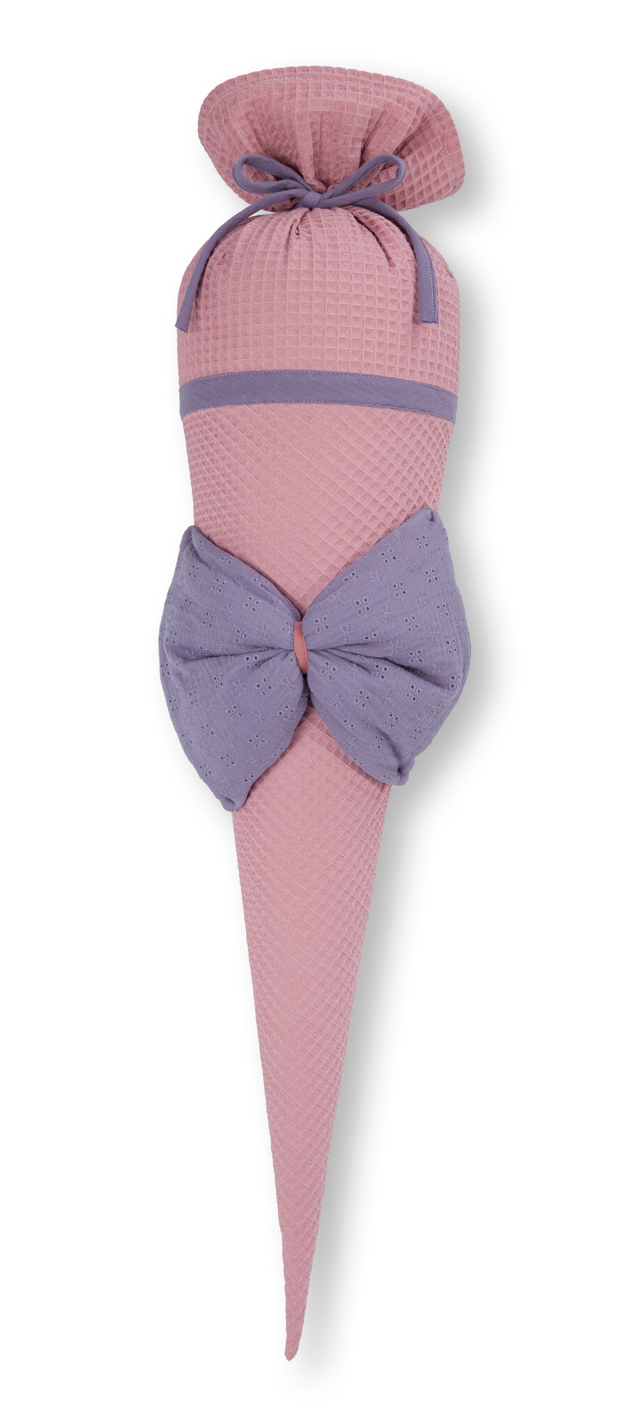 crêpes suzette Schultüte aus Stoff | liebevoll genähte Schleifenschultüte für den ersten Schultag | Motiv: Große Schleife | Farben: Altrosa & Flieder | personalisierbar mit Namen – Variante: mit Wunschnamen