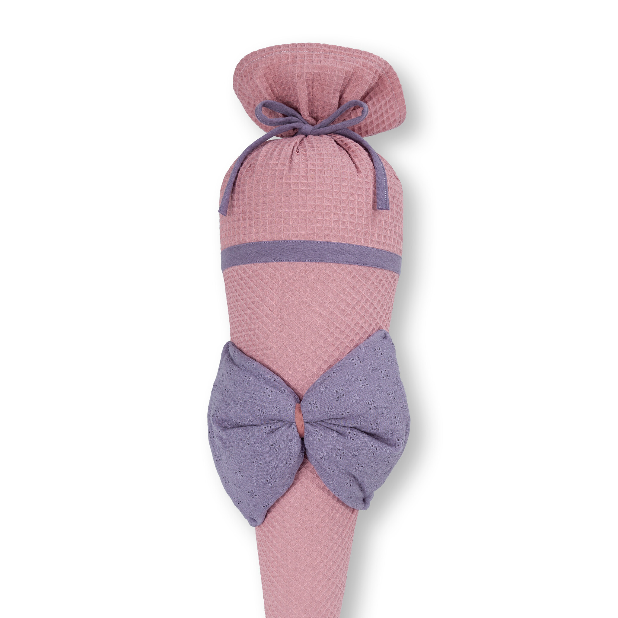 crêpes suzette Schultüte aus Stoff | liebevoll genähte Schleifenschultüte für den ersten Schultag | Motiv: Große Schleife | Farben: Altrosa & Flieder | personalisierbar mit Namen – Variante: mit Wunschnamen