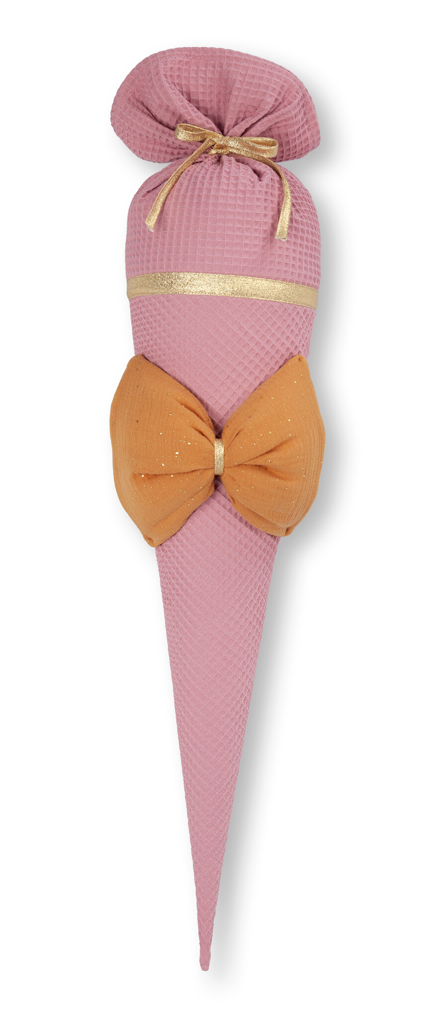 crêpes suzette Schultüte aus Stoff | stilvolle Stoffschultüte für den Schulstart | Motiv: Große Schleife | Farben: Altrosa & Ocker | personalisierbar mit Namen – Variante: mit Wunschnamen