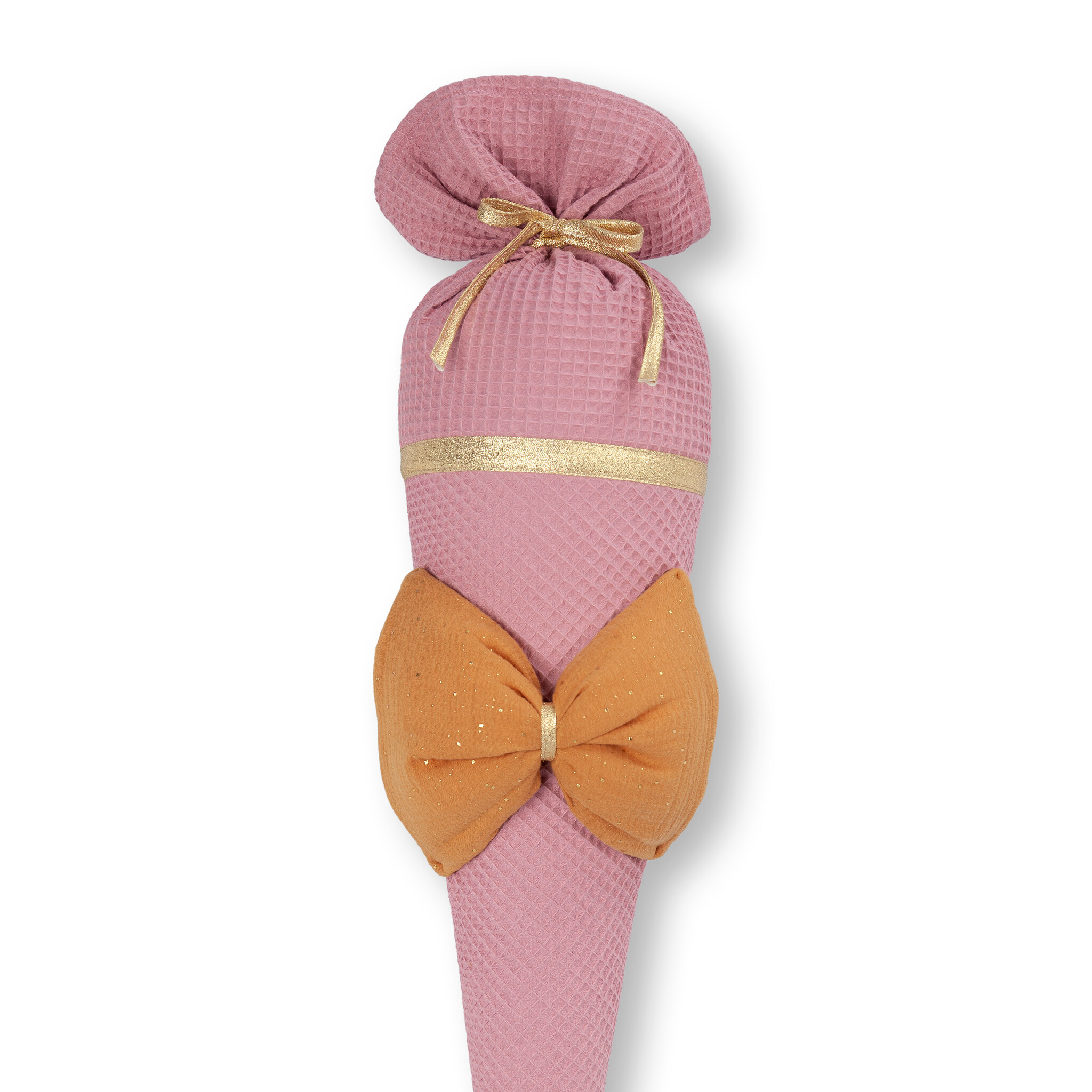 crêpes suzette Schultüte aus Stoff | stilvolle Stoffschultüte für den Schulstart | Motiv: Große Schleife | Farben: Altrosa & Ocker | personalisierbar mit Namen – Variante: mit Wunschnamen