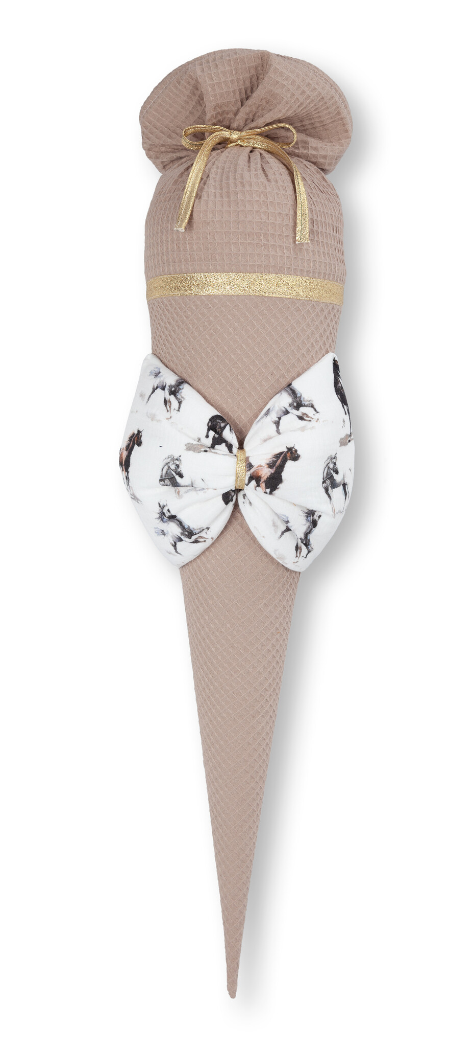 crêpes suzette Schultüte aus Stoff | handgefertigte Stoffschultüte mit Pferdemotiv | Farben: Beige & Weiß | große Schleife mit Pferdeprint | personalisierbar mit Namen – Variante: mit Wunschnamen