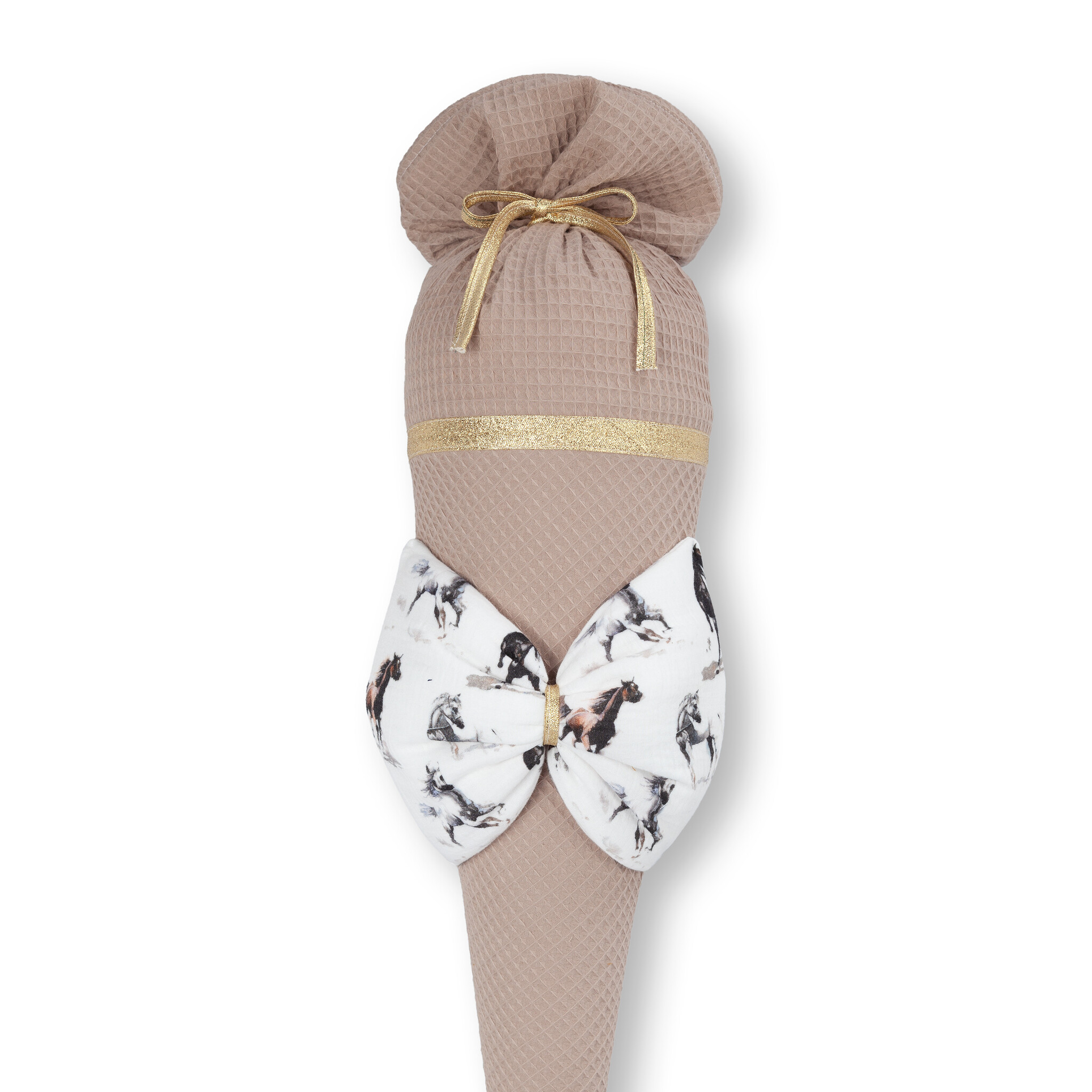 crêpes suzette Schultüte aus Stoff | handgefertigte Stoffschultüte mit Pferdemotiv | Farben: Beige & Weiß | große Schleife mit Pferdeprint | personalisierbar mit Namen – Variante: mit Wunschnamen