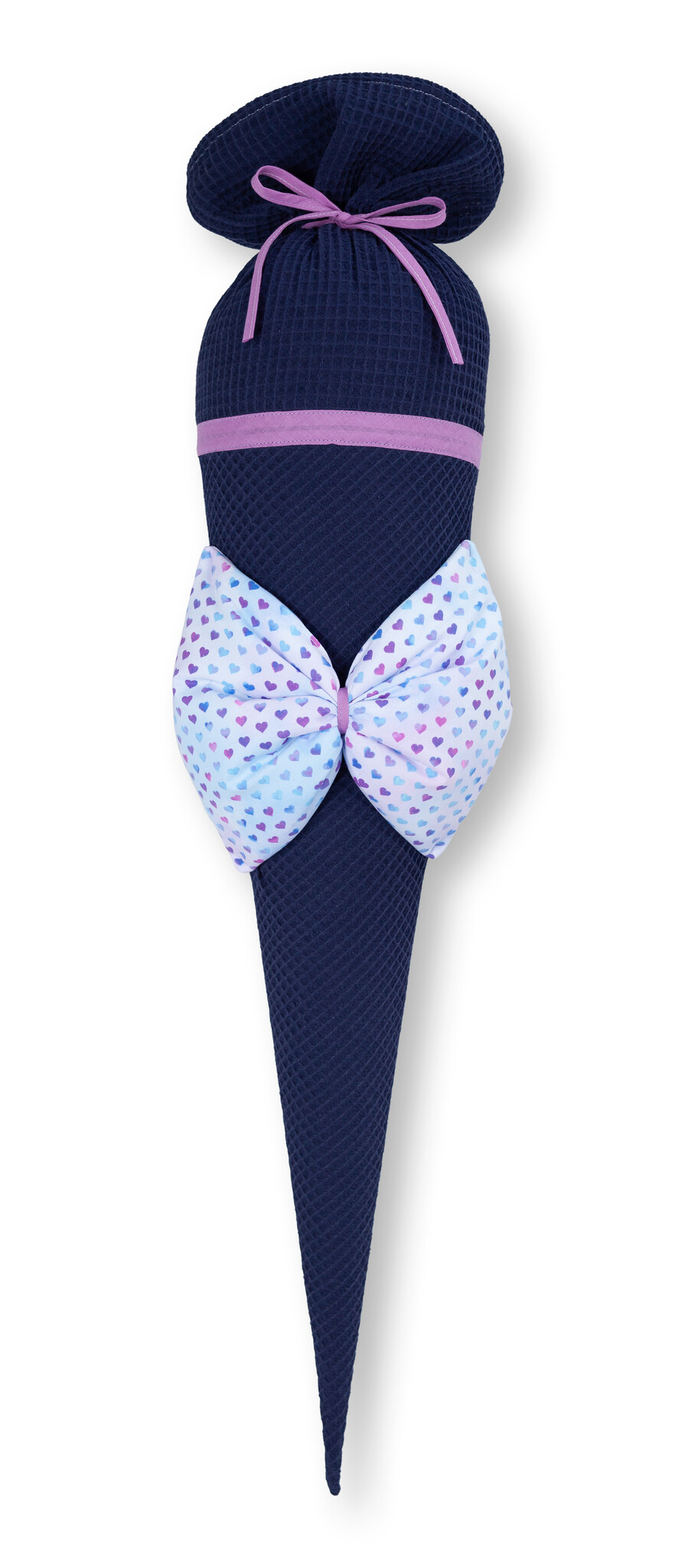 crêpes suzette Schultüte aus Stoff | handgenähte Stoffschultüte für Mädchen & Jungen | Farben: Dunkelblau & Flieder | große Schleife mit Herzprint | personalisierbar mit Namen – Variante: mit Wunschnamen