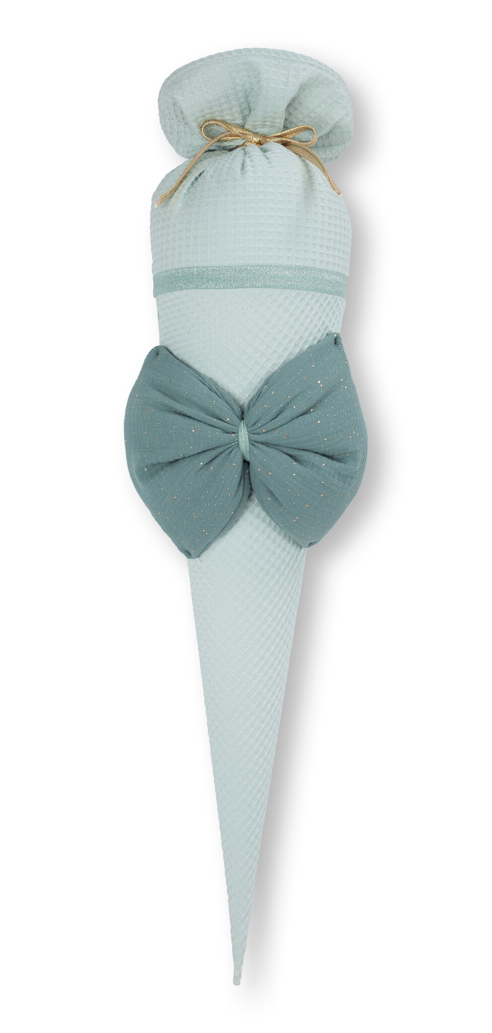 crêpes suzette Schultüte aus Stoff | handgefertigte Stoffschultüte zum Schulstart | Farben: Mint & Pudergrün | große Schleife mit Goldsprenkeln | personalisierbar mit Namen – Variante: mit Wunschnamen