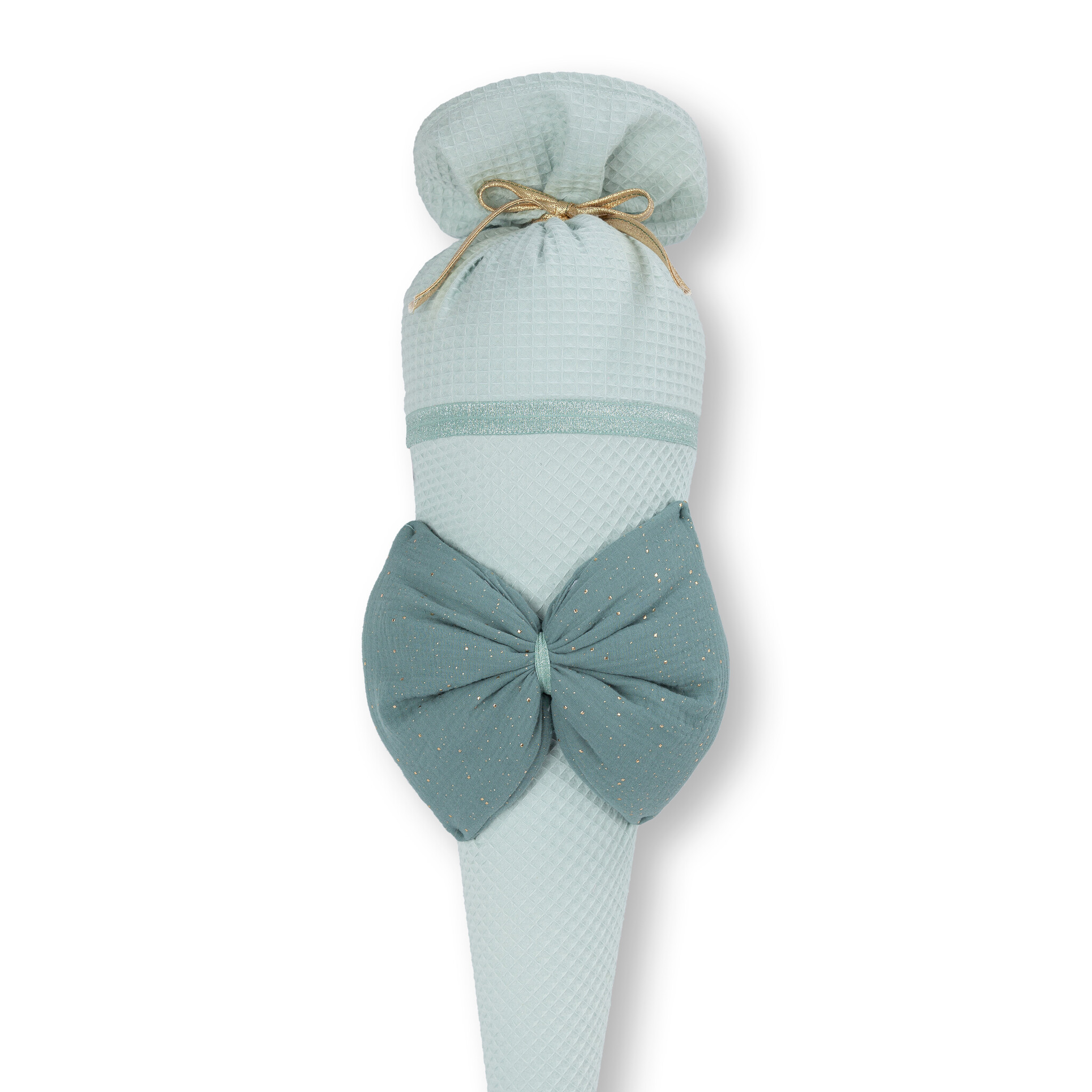 crêpes suzette Schultüte aus Stoff | handgefertigte Stoffschultüte zum Schulstart | Farben: Mint & Pudergrün | große Schleife mit Goldsprenkeln | personalisierbar mit Namen – Variante: mit Wunschnamen