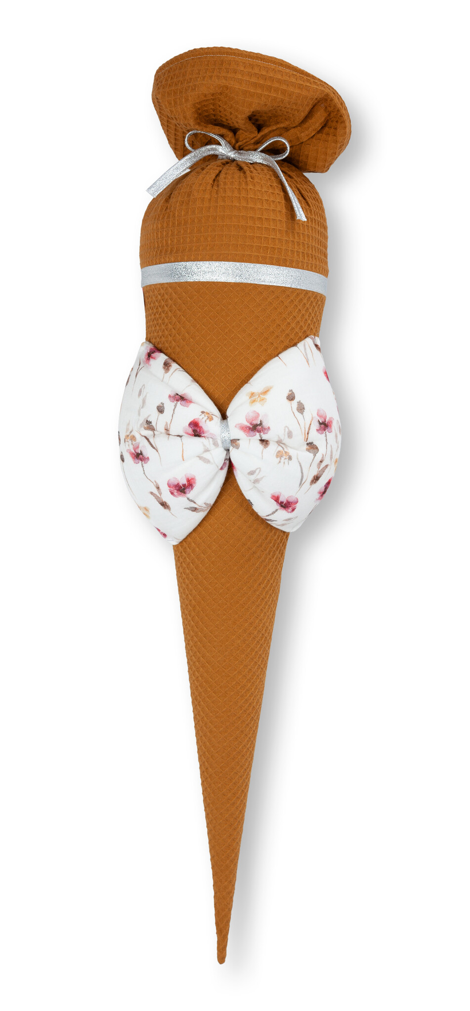 crêpes suzette Schultüte aus Stoff | handgemachte Stoffschultüte zur Einschulung | Farben: Ocker & Weiß | große Schleife mit Blumenprint | personalisierbar mit Namen – Variante: mit Wunschnamen