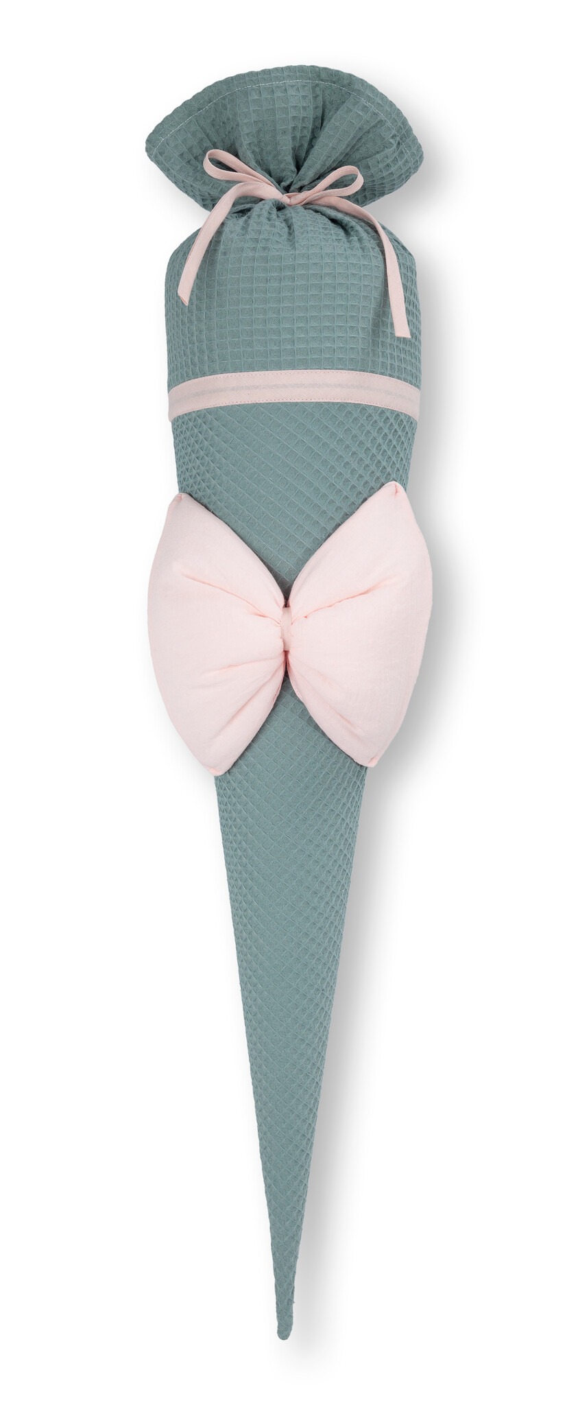 crêpes suzette Schultüte aus Stoff | handgenähte Stoffschultüte zur Einschulung | Farben: Pudergrün & Rosa | große Schleife aus rosafarbenem Stoff | personalisierbar mit Namen – Variante: mit Wunschnamen