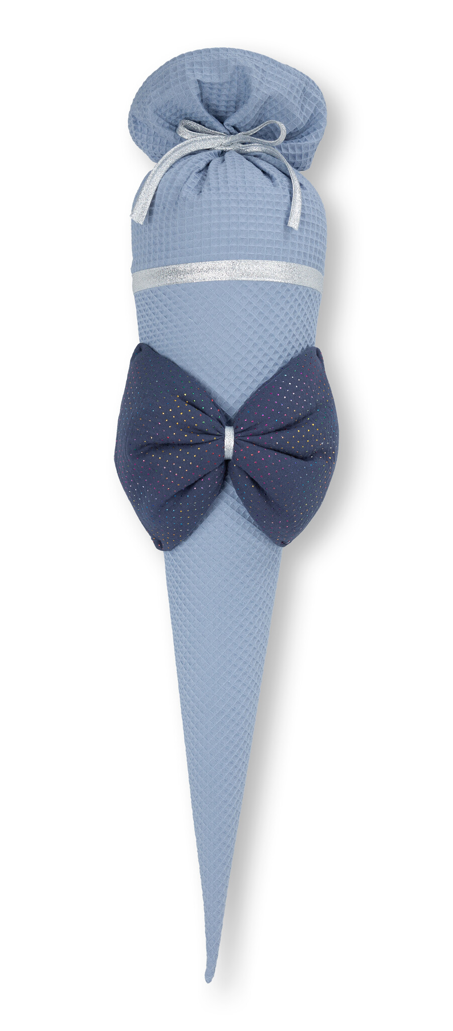 crêpes suzette Schultüte aus Stoff | hochwertige Stoffschultüte zur Einschulung | Farben: Taubenblau & Dunkelblau | große Schleife mit bunten Glitzerpunkten | personalisierbar mit Namen – Variante: mit Wunschnamen