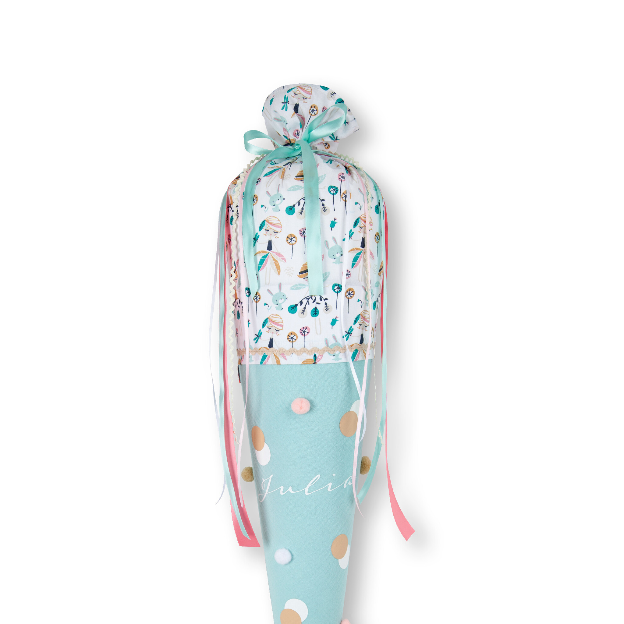 crêpes suzette Bommeltüte zum Schulstart genäht aus Musselin mit vielen tollen Bommeln – Variante: mit Wunschnamen