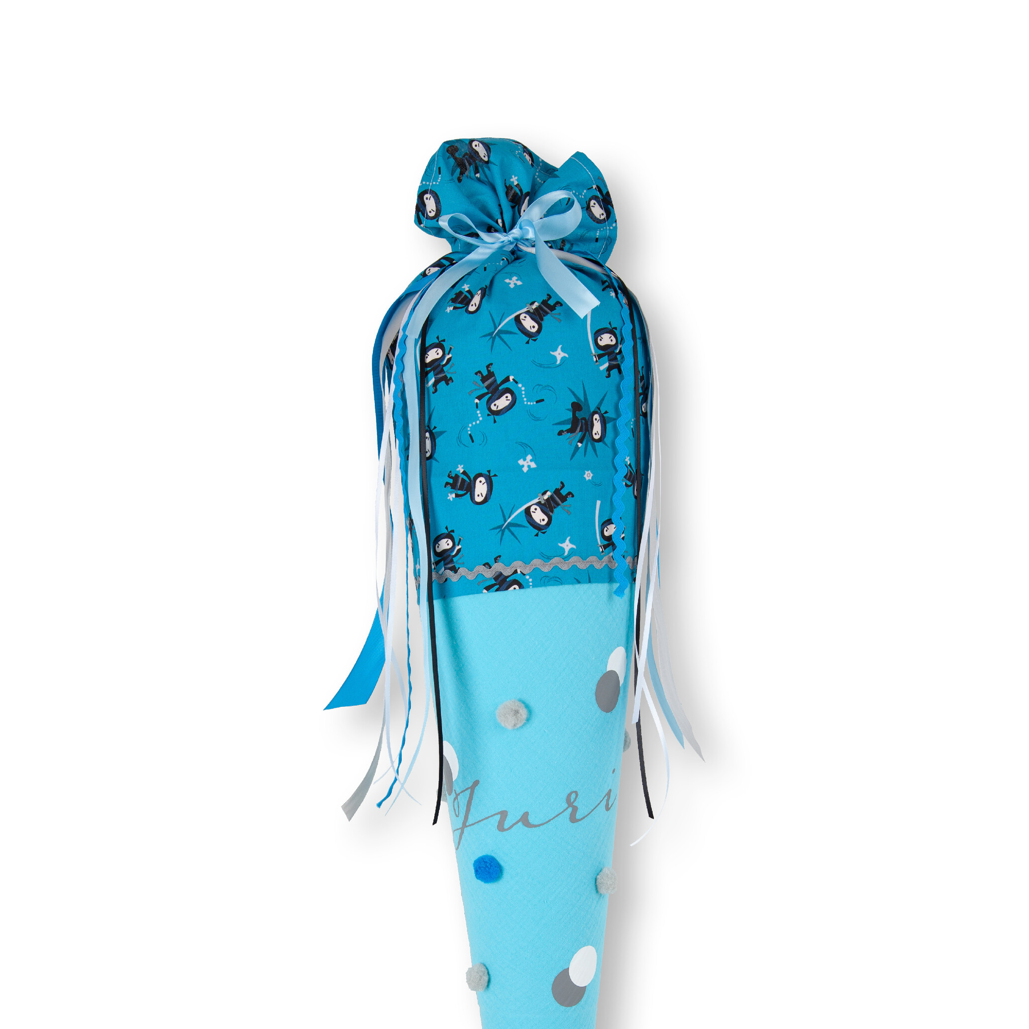 crêpes suzette Bommeltüte zum Schulstart genäht aus Musselin mit vielen tollen Bommeln – Variante: mit Wunschnamen