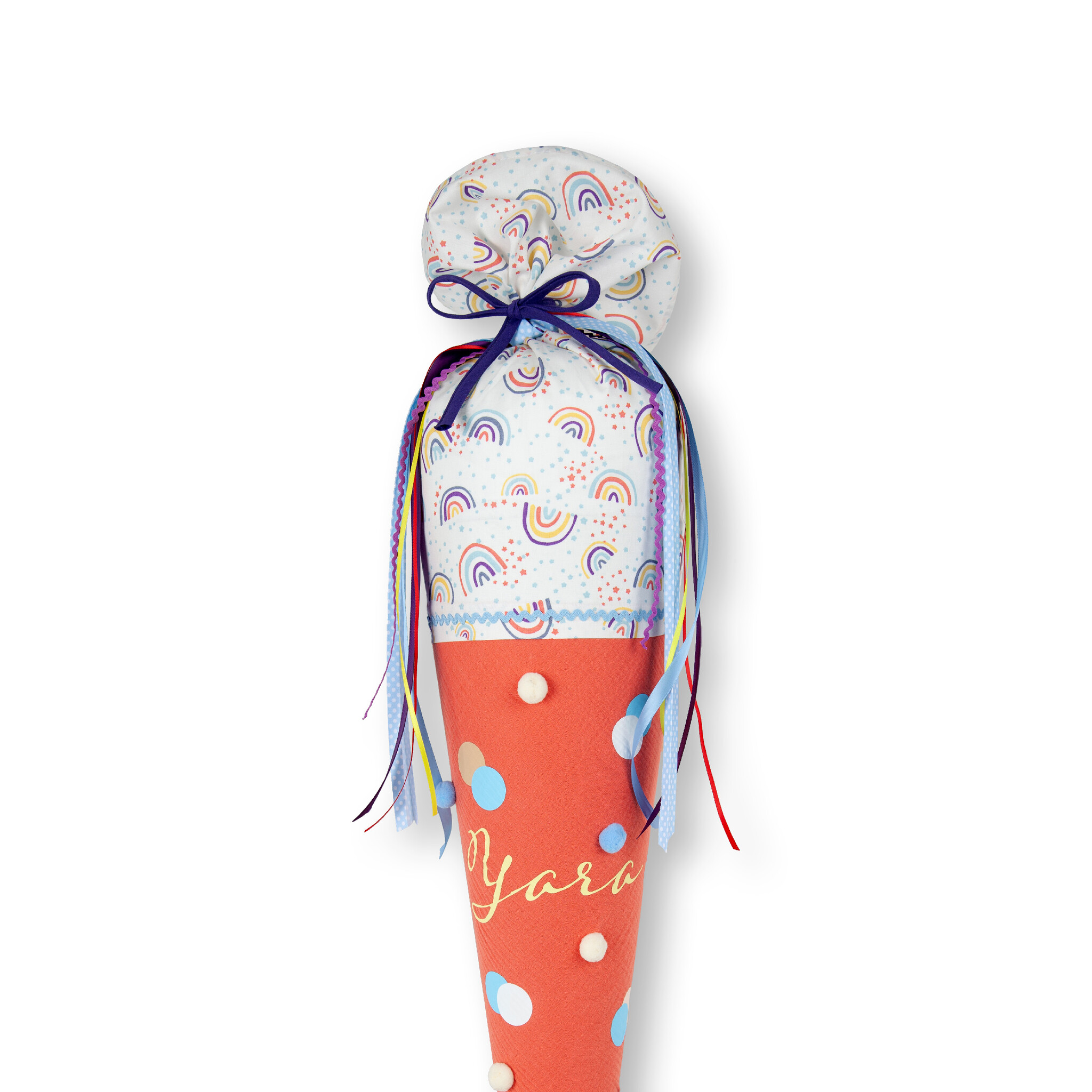 crêpes suzette Bommeltüte zum Schulstart genäht aus Musselin mit vielen tollen Bommeln – Variante: mit Wunschnamen