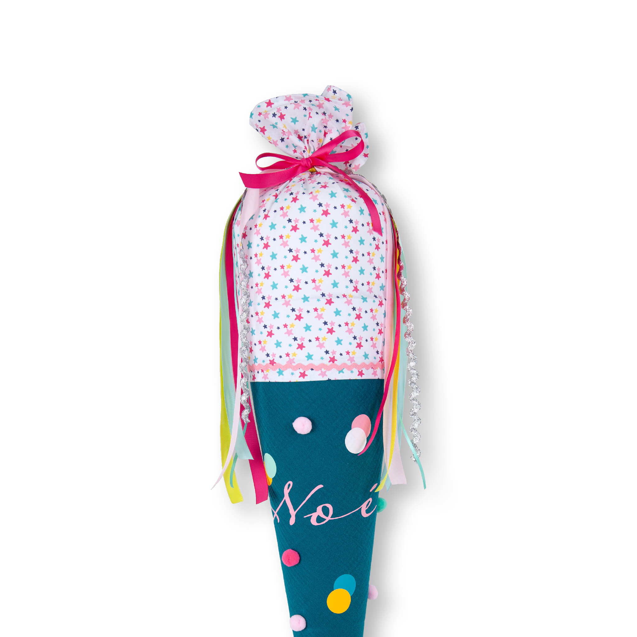 crêpes suzette Bommeltüte zum Schulstart genäht aus Musselin mit vielen tollen Bommeln – Variante: mit Wunschnamen