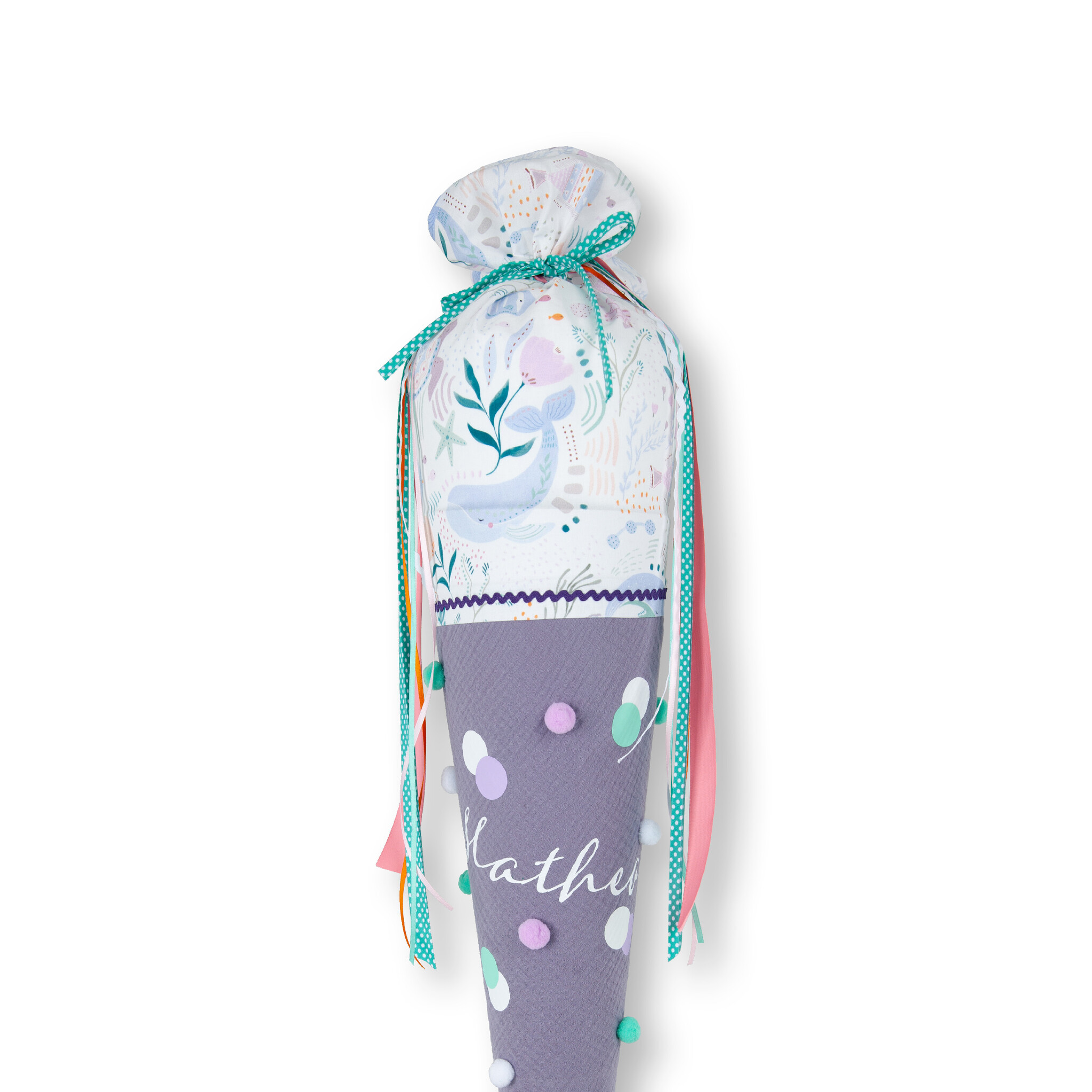 Musselin Schultüte mit Wunschnamen und Bommeln, Motiv : Wal