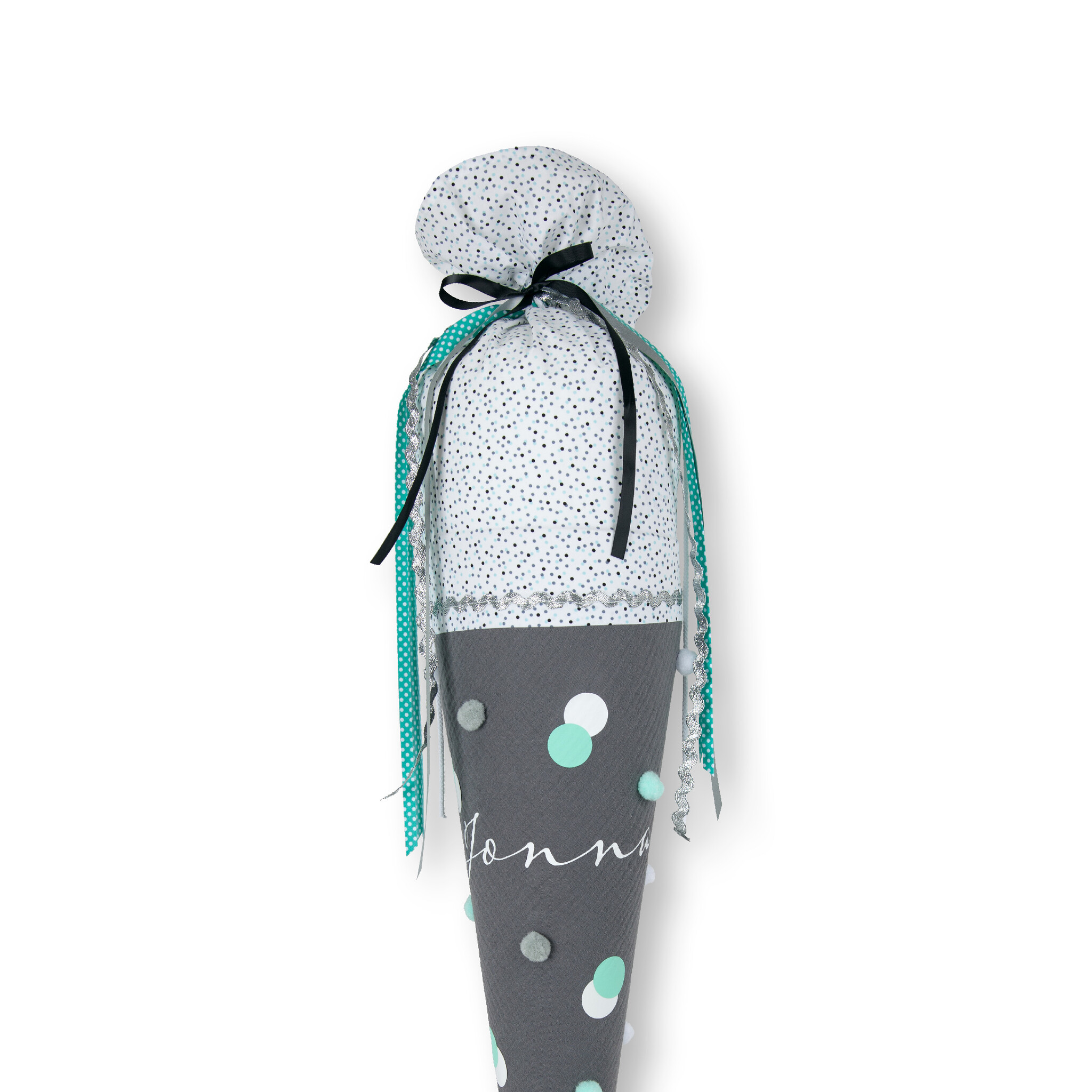 crêpes suzette Bommeltüte zum Schulstart genäht aus Musselin mit vielen tollen Bommeln – Variante: mit Wunschnamen